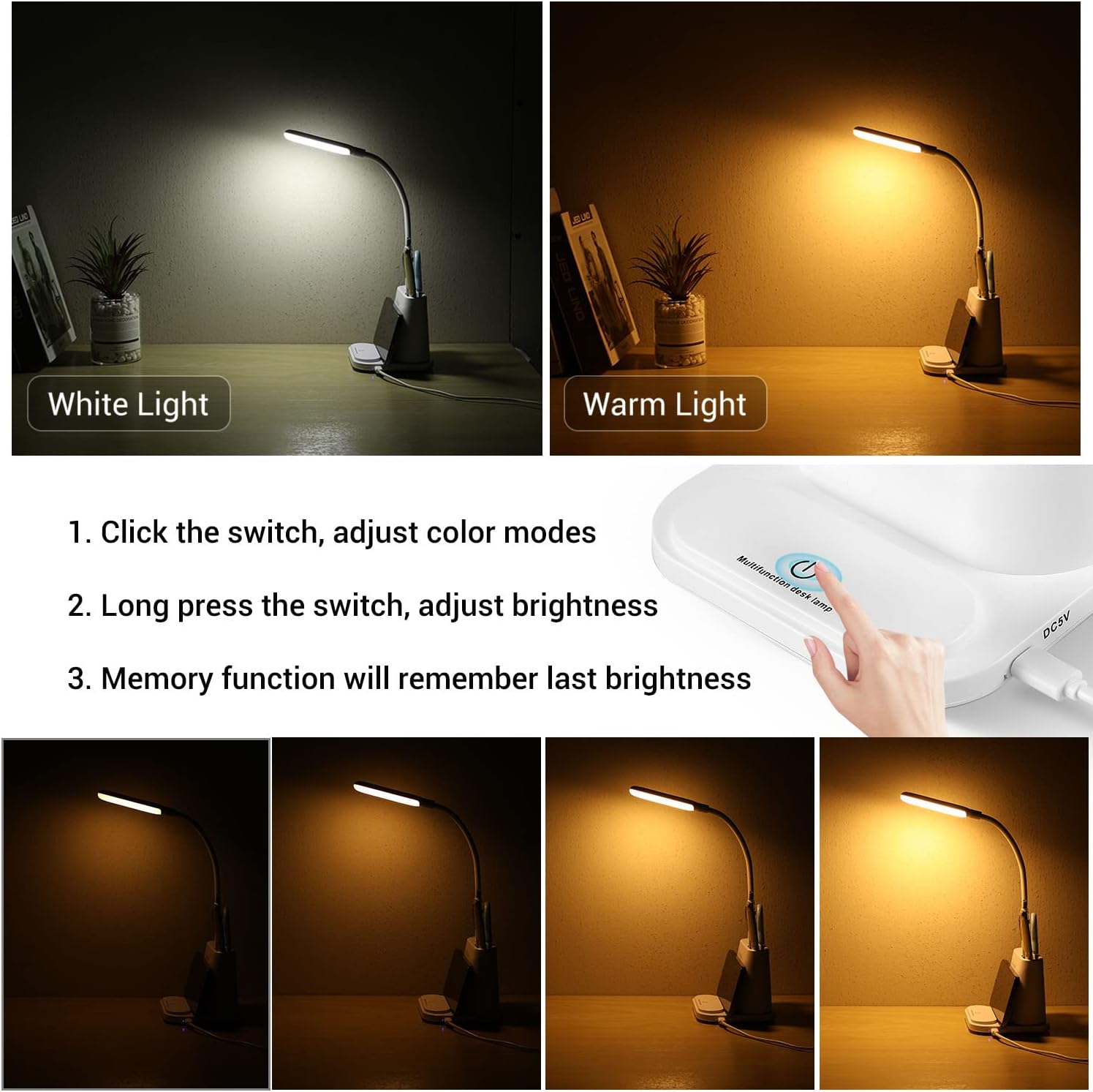 LED Desk Lamp, Rechargeable Lamp with USB Charging Port/Pen Holder/Phone Holder, Small Study Cute for Kids/Home/Office/Dorm, Flexible Portable Bedside Table Reading (White) image 3