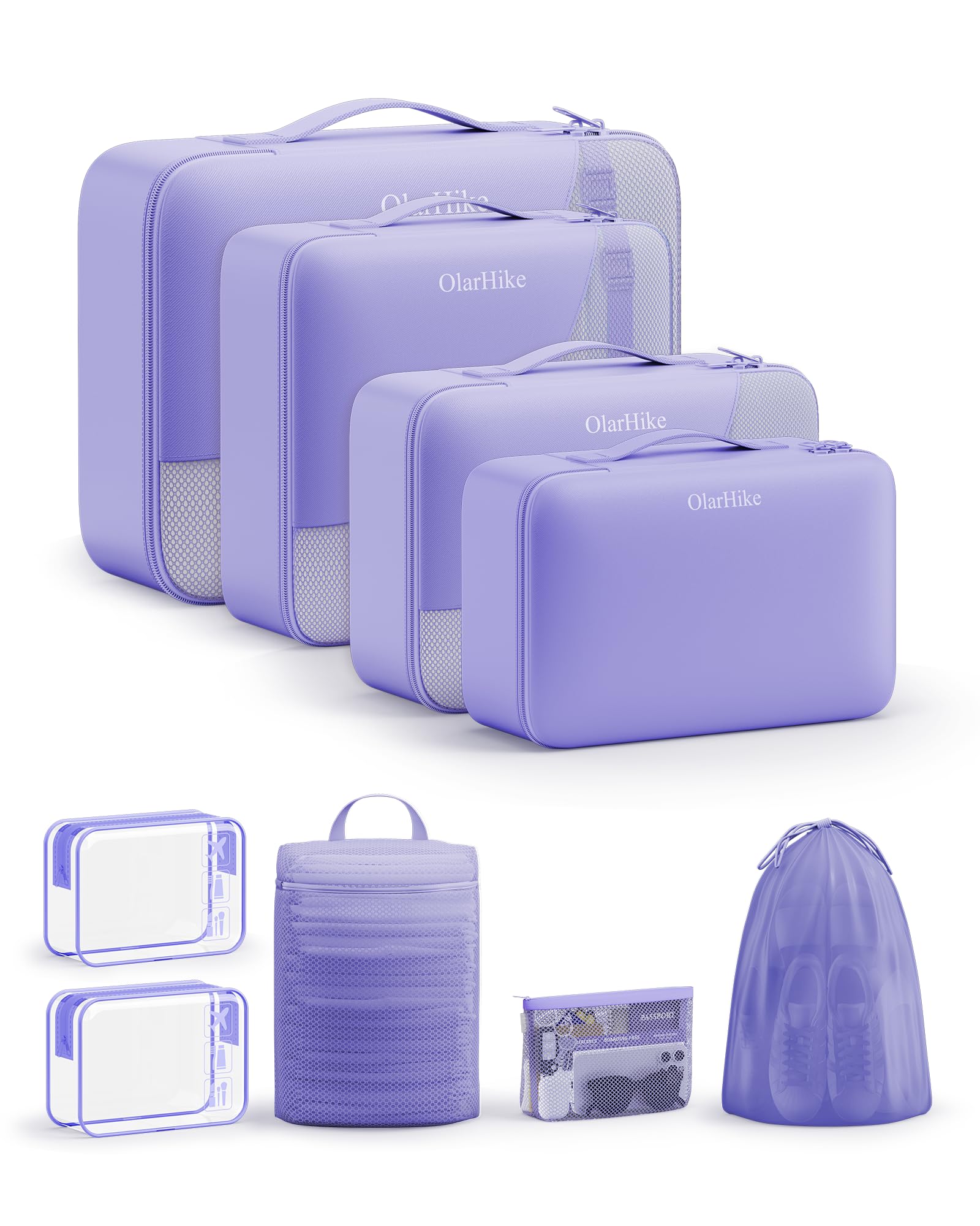 OlarHike Packing Cubes for Travel,Gifts for Women Mom,Anti-Tearing Suitcase Organizer for Luggage with Shoe &amp; Hanging Toiletry Bag,Vacation Essentials &amp; Accessories for Cruise Ship,9 Set,Purple