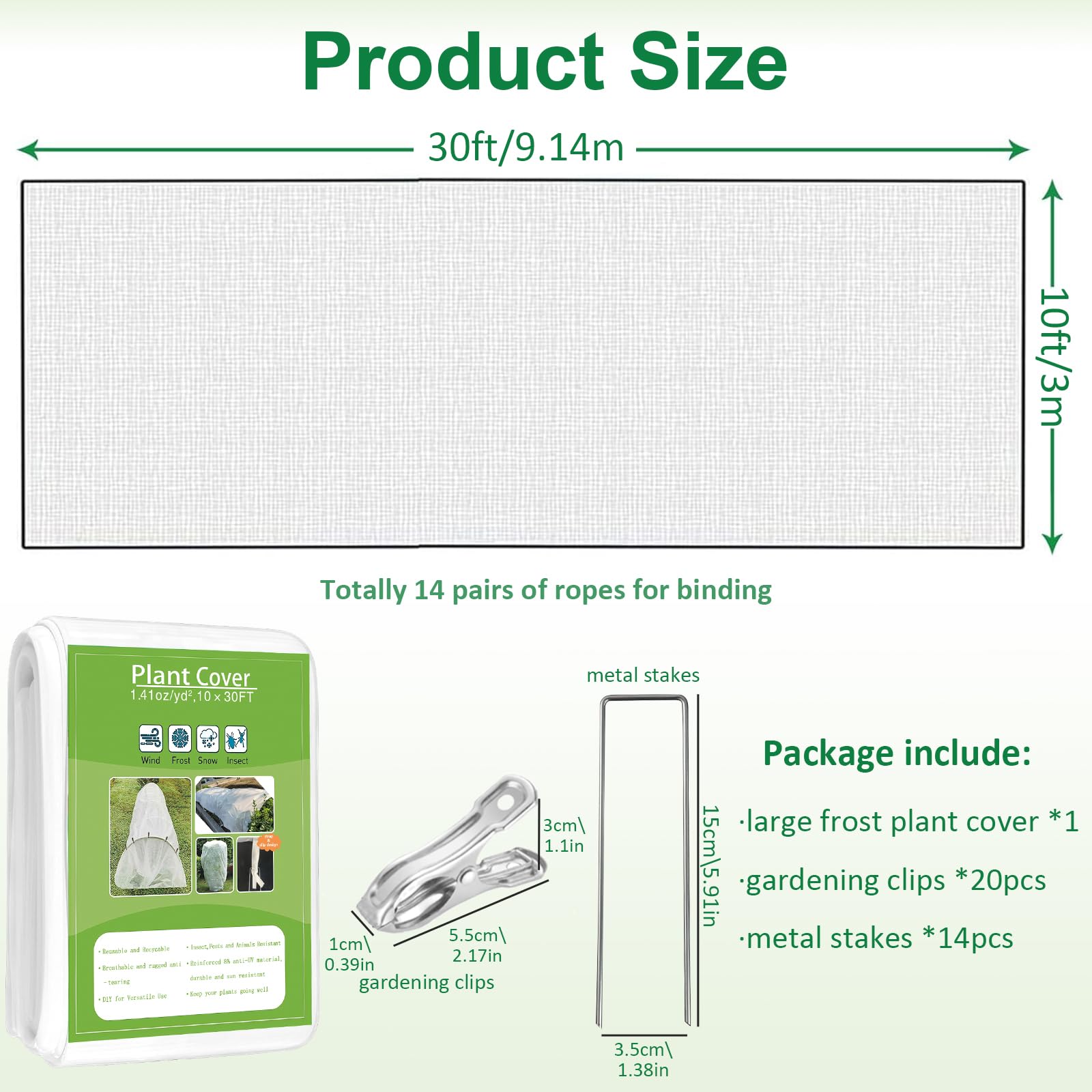kockuu Cubiertas para plantas, protección contra la congelación, 10 x 30 pies, mantas blancas para plantas al aire libre, cubiertas flotantes de invierno para hileras de jardín, tela no tejida para