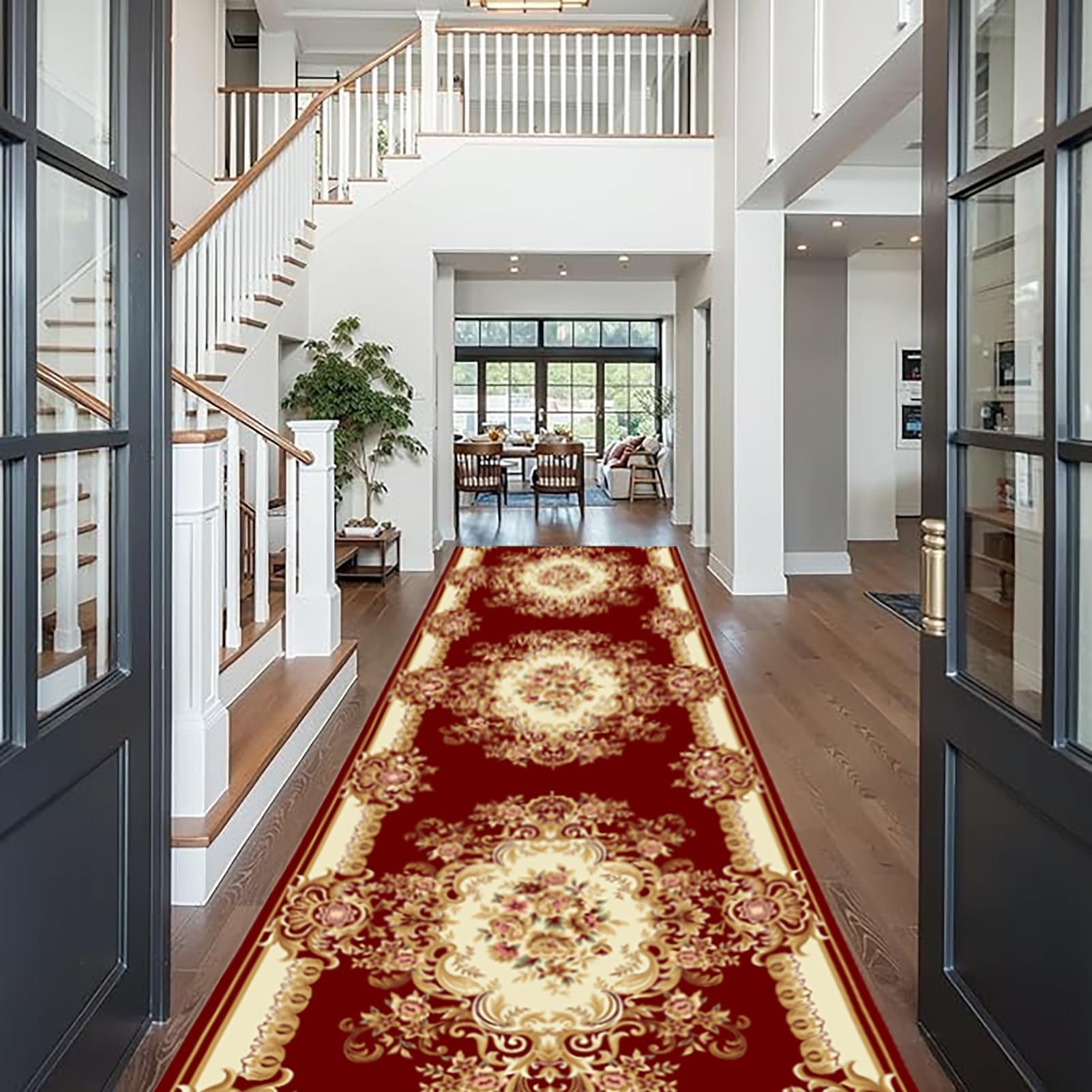 Tapis de couloir lavable en machine rouge et doré pour salon