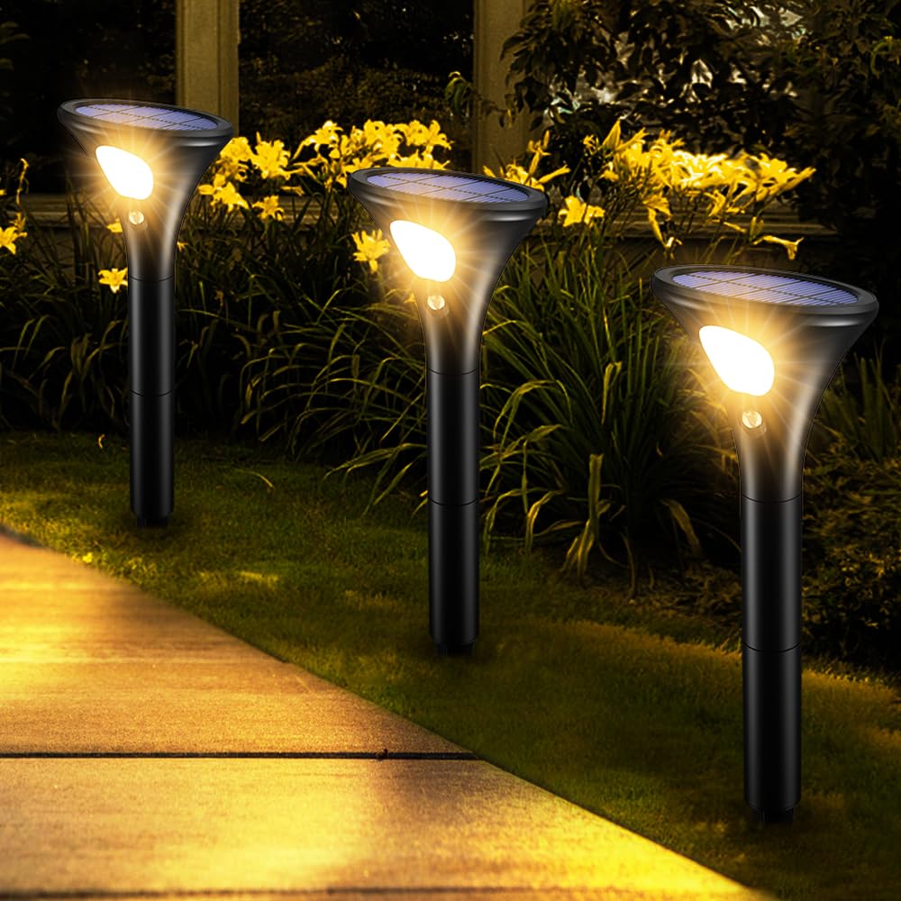 Lámparas solares exterior con sensor de movimiento, pack de 6, LED 1500 mAh, proyector solar alto brillo, blanco cálido, interruptor ON/OFF, IP65, jardín, garaje, entrada, terraza