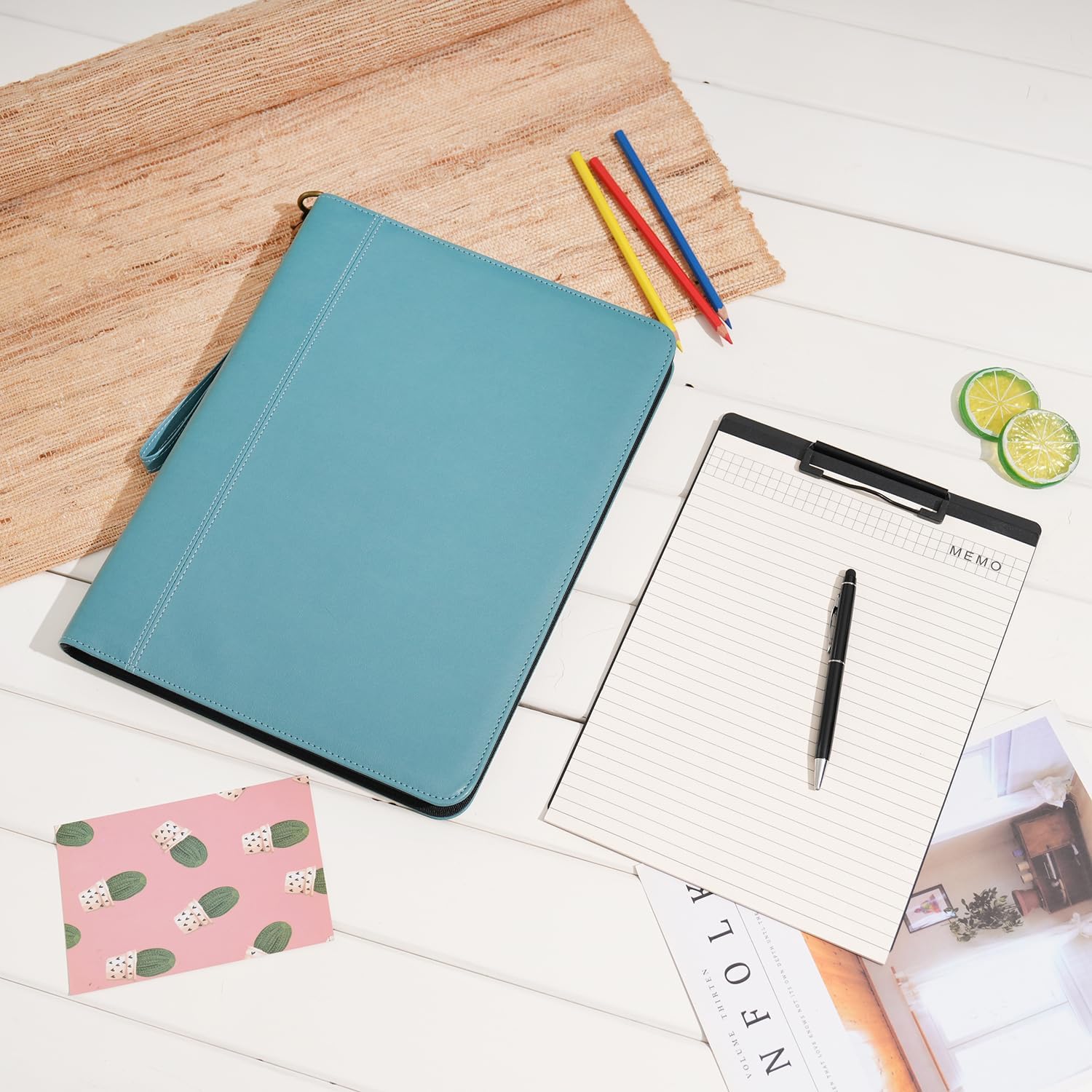 Wason A4 Portfolio with Zipper - Leather PU Padfolio with Detachable Ring Binder and Writing Notepad Holder, Conference File Multi-Pockets Organizer for Office Travel School (Cyan)