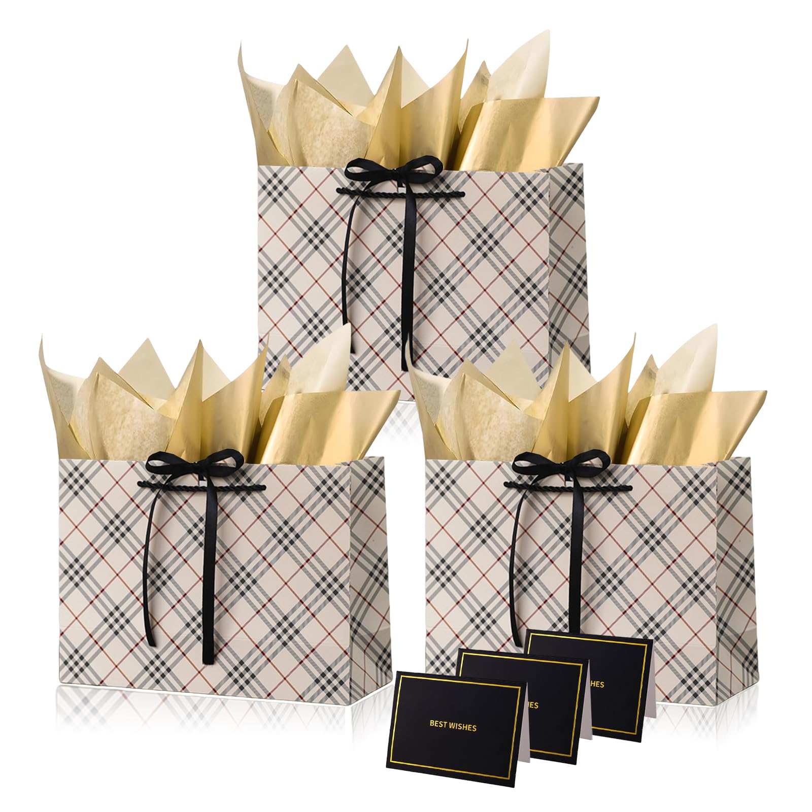Brown Plaid Paper Gift Bags with Handles,3pcs Medium Gift Bags for Presents,Wrapping Gift-Bag with Bow Ribbon Tissue Papers and Cards,28 * 20 * 10cm Wrapping Bag for Christmas Birthday Wedding — image 1