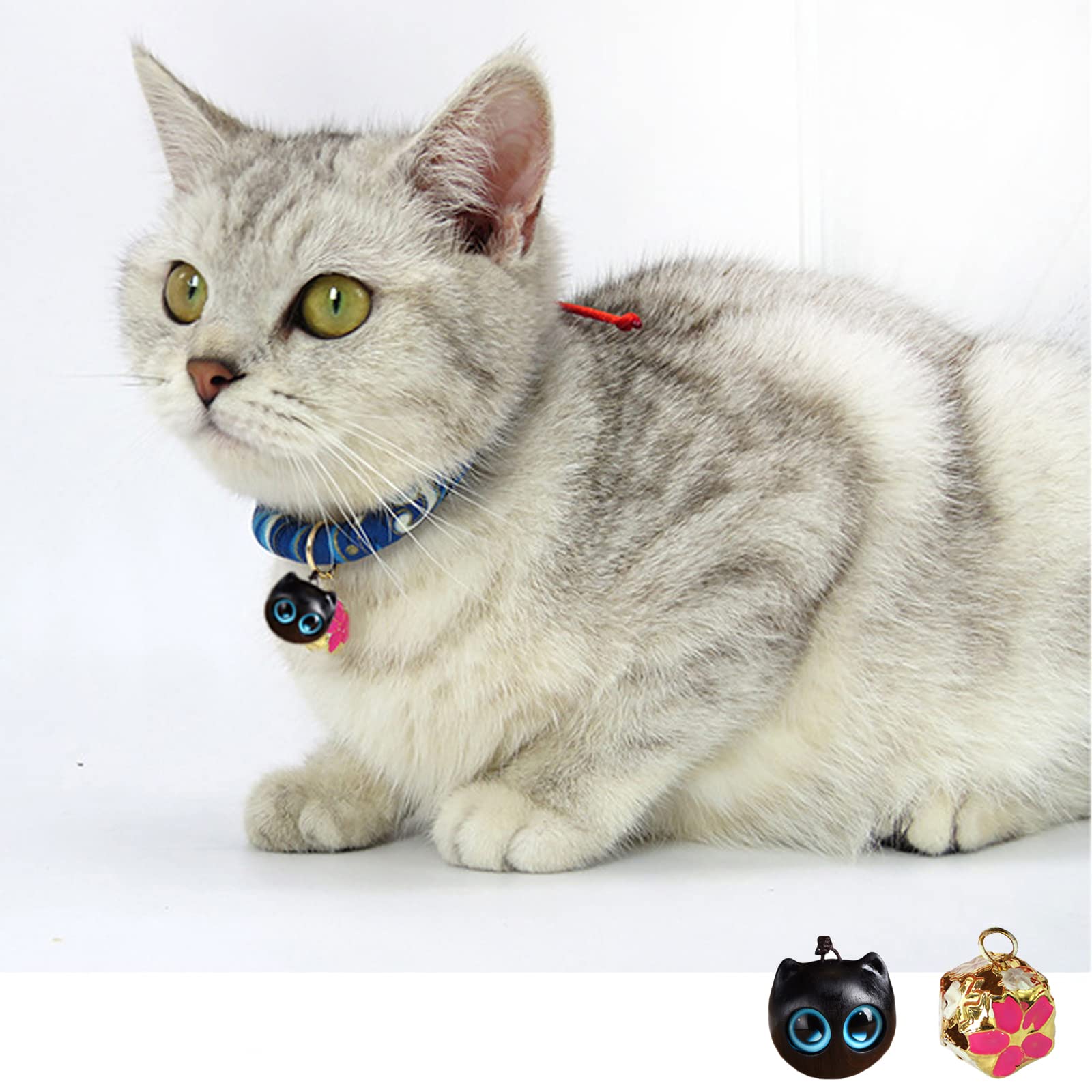 Cat Collar,Safety Puppy Collars, with Removable Wood Pendant and Bell,2 Parts in One Set (Blue)