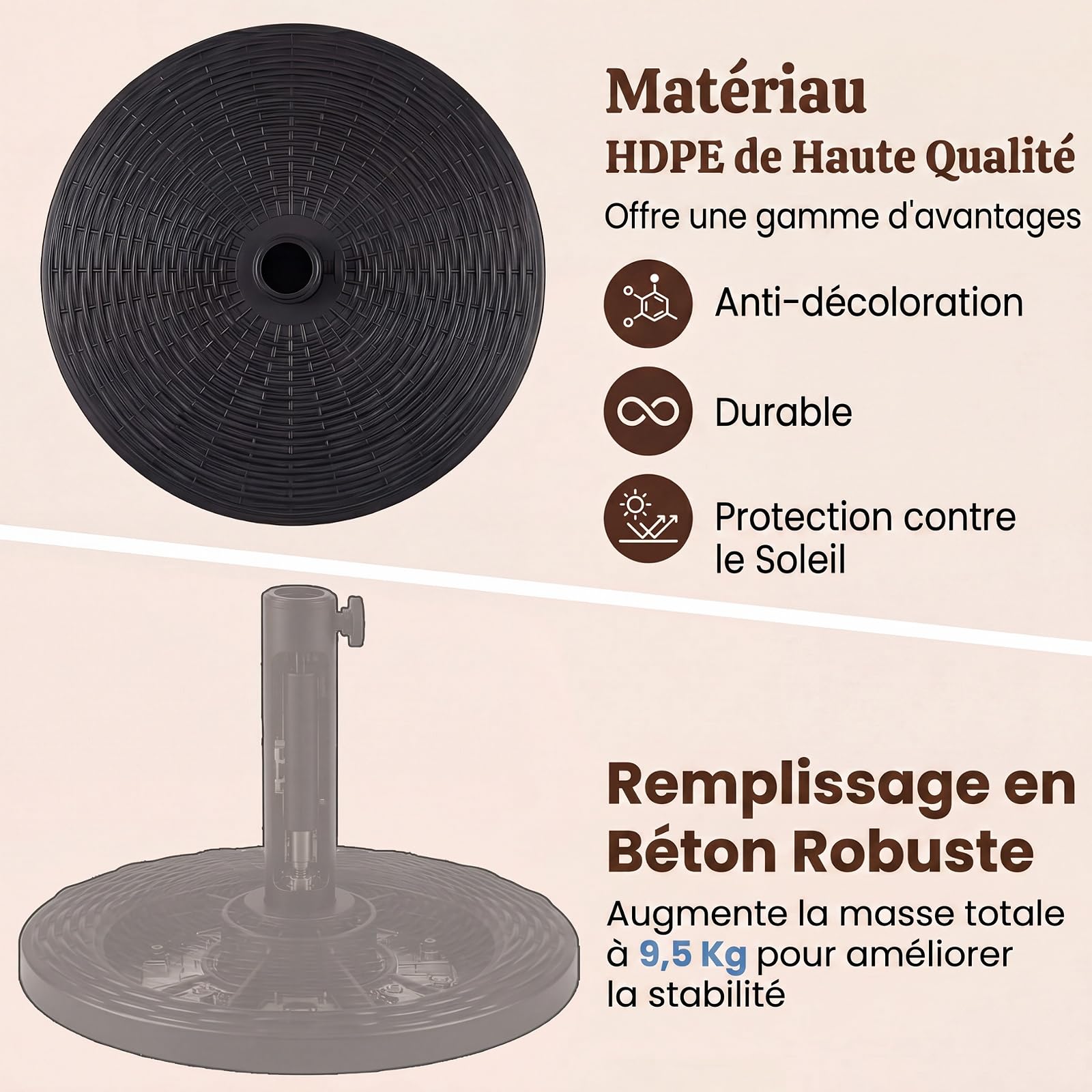 RELAX4LIFE Pied de Parasol Rond en Résine Tressée 10KG, Noir