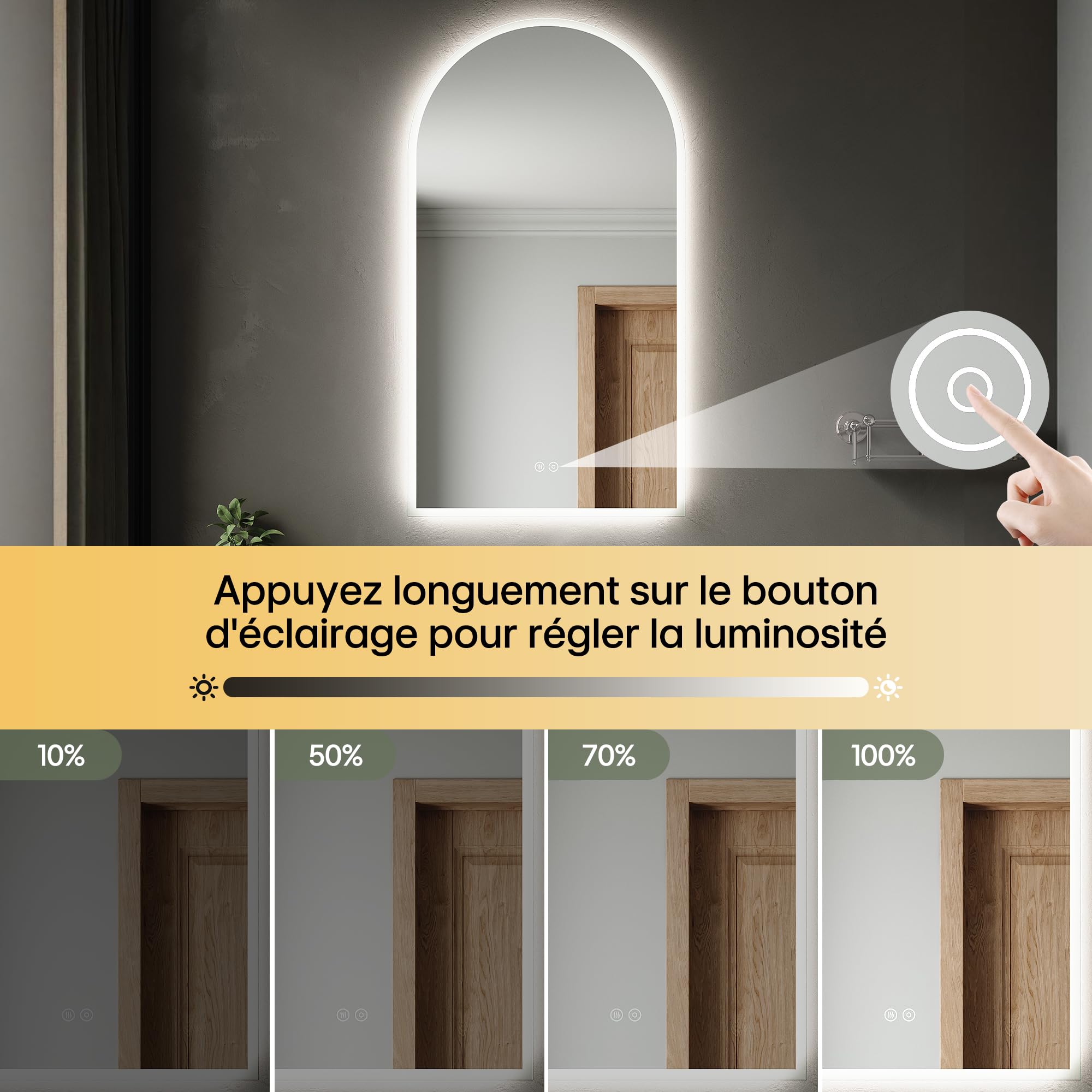 SIRHONA Miroir Salle de Bain Arquée 90x50cm, Dimmable, 3 Couleurs Légères, Anti-buée, Mémoire, IP44, Douille, Mirroir Lumineux Salle de Bain, Horizontal/Vertical