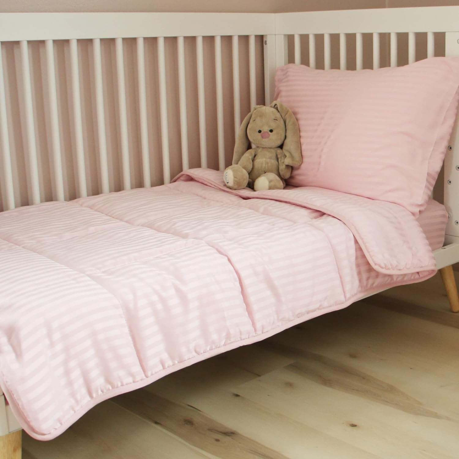 ZPECC Toddler Bedding Set - 4 Piece Hypoallergenic Baby Crib Bedding Set for Boys and Girls, Includes Toddler Comforter, Flat Sheet, Fitted Sheet and Pillowcase, Pink Stripe