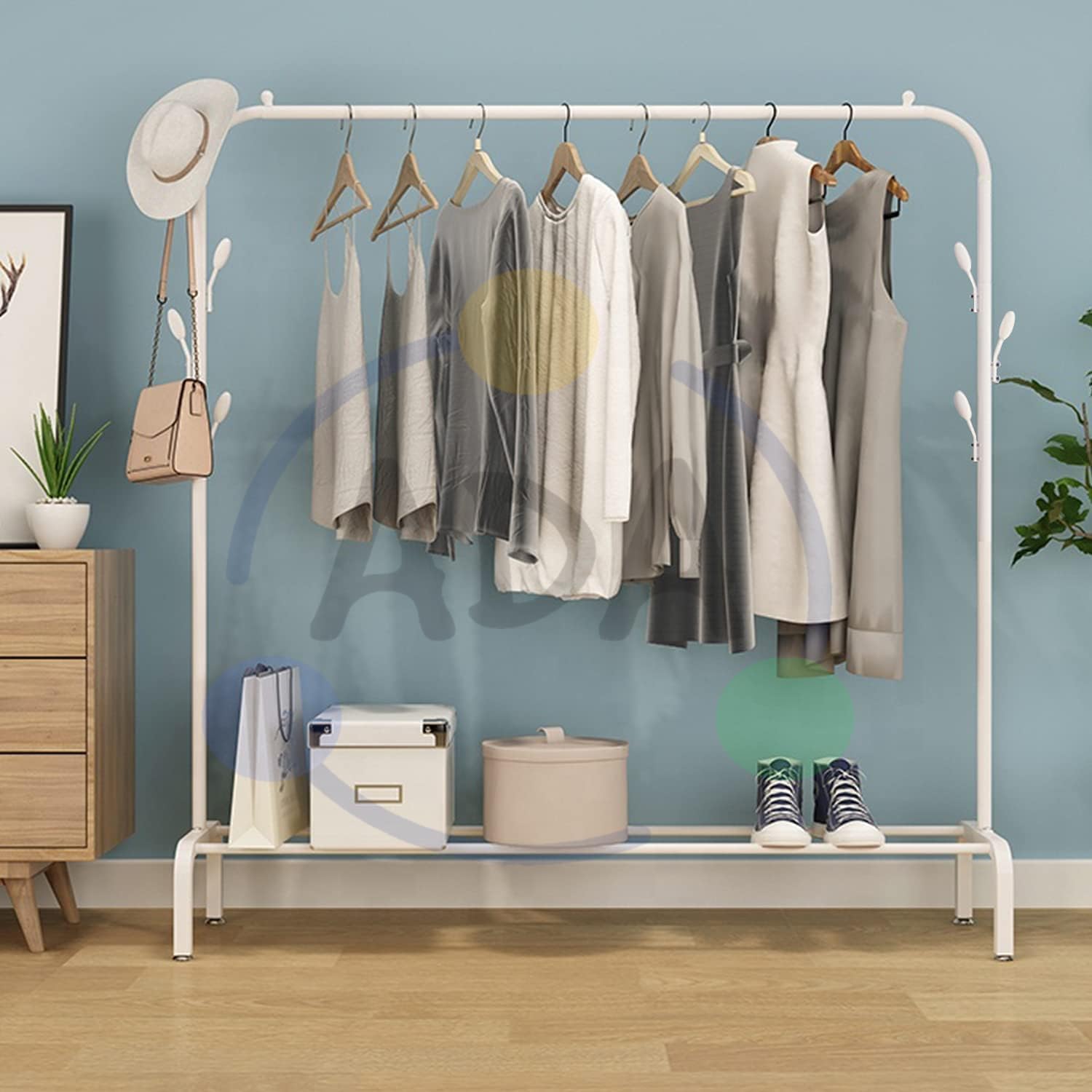 ADA® Premium High Density Metal Garment Rack with Top Rod and Lower Storage Shelf, Heavy Duty 8 Hooks Clothes Stand for Bedroom, Living Room and Entryway - 110 x 38 x 148cm (White) (B08R7MJ71P) Amazon Price History, Amazon Price Tracker