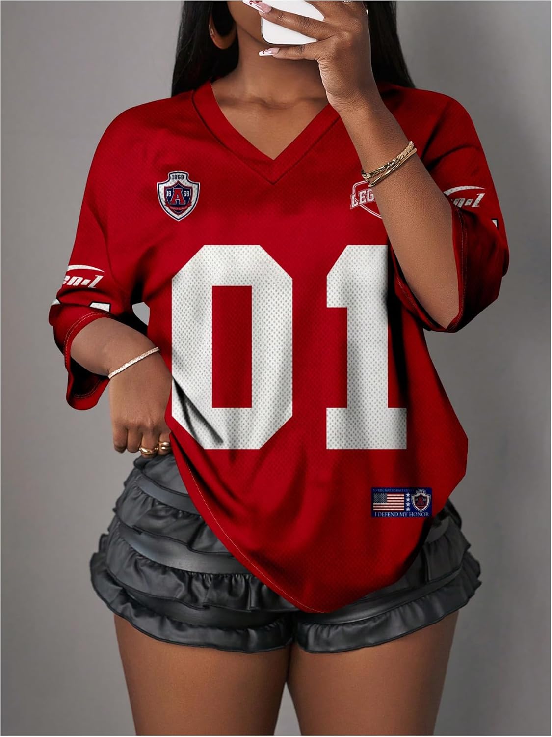 WDIRARA Women's Oversized Jersey Shirts Number Graphic Tee V Neck Half Sleeve T-Shirt Tops - Image 3