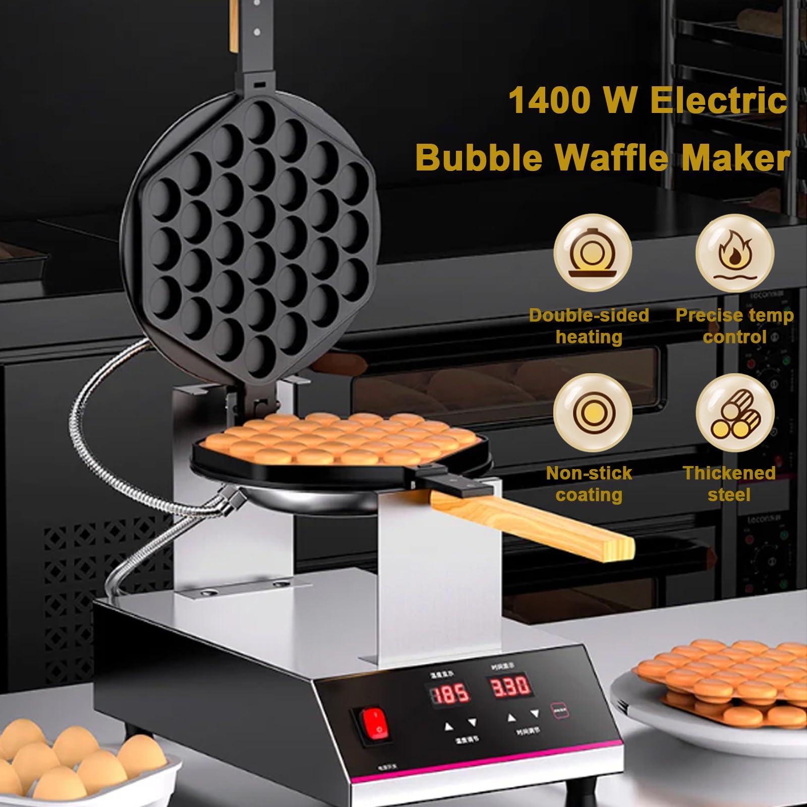 Gofrera De Burbujas Comercial De 1400 W,Plancha Giratoria De 180°,Doble Calentamiento,Mango De Madera,Control Digital De Temperatura Y Temporizador,para Helados Y Gofres De Hojaldre