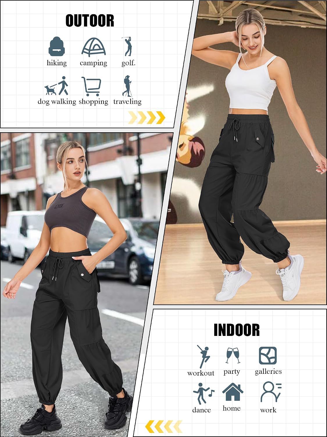 Women's Cargo Pants Parachute Pants Elastic Waist Wide Leg 4 Pockets Girls Streetwear Y2K Festival Outfits