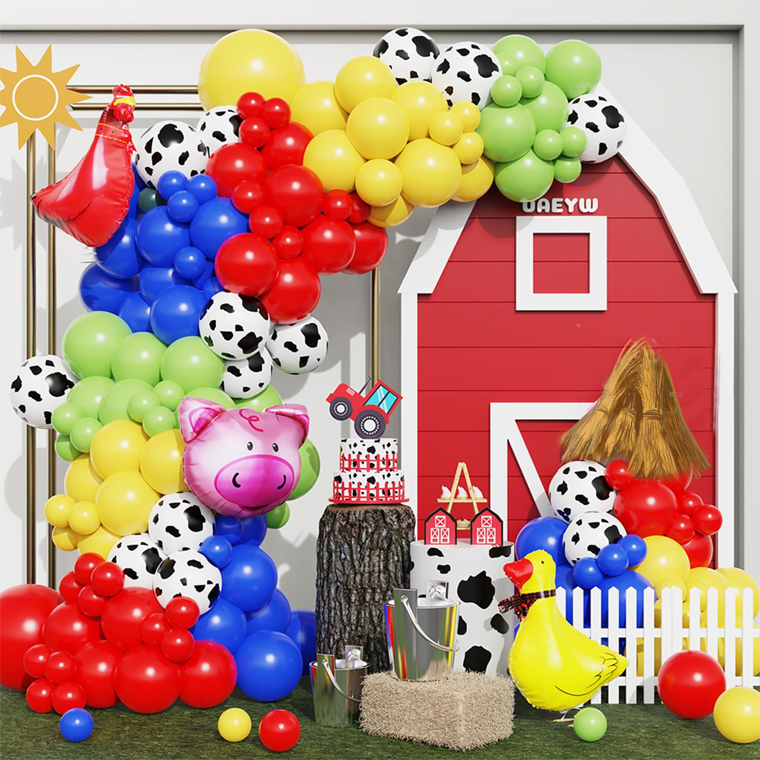 UAEYW Farm Animals Party Decorations 138Pcs Cow Print Balloon Arch Garland Kit Red Yellow Blue Green Animal Balloons for Farmhouse Barn Birthday Country Western Cowboy Baby Shower Party Supplies