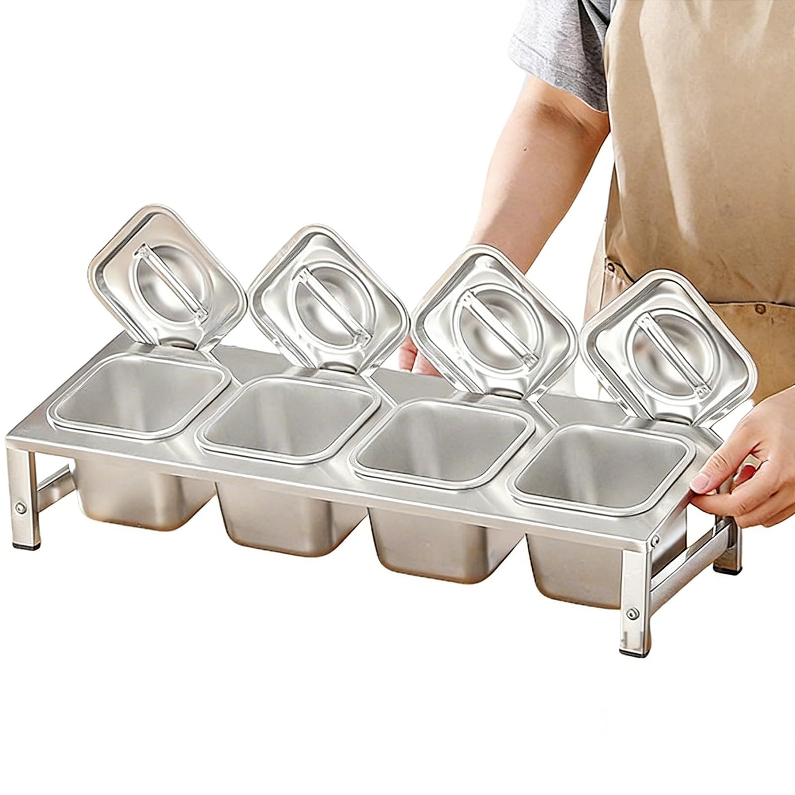 WDSOPK 2 Tier 304 Stainless Steel Pizza Topping Station with Lids & Spoons Kitchen Spice Rack Commercial Condiment Tray for Easy Access 42x34.3x9.2 15CM (With Lid 55X18.3X9.2~12.4cm)