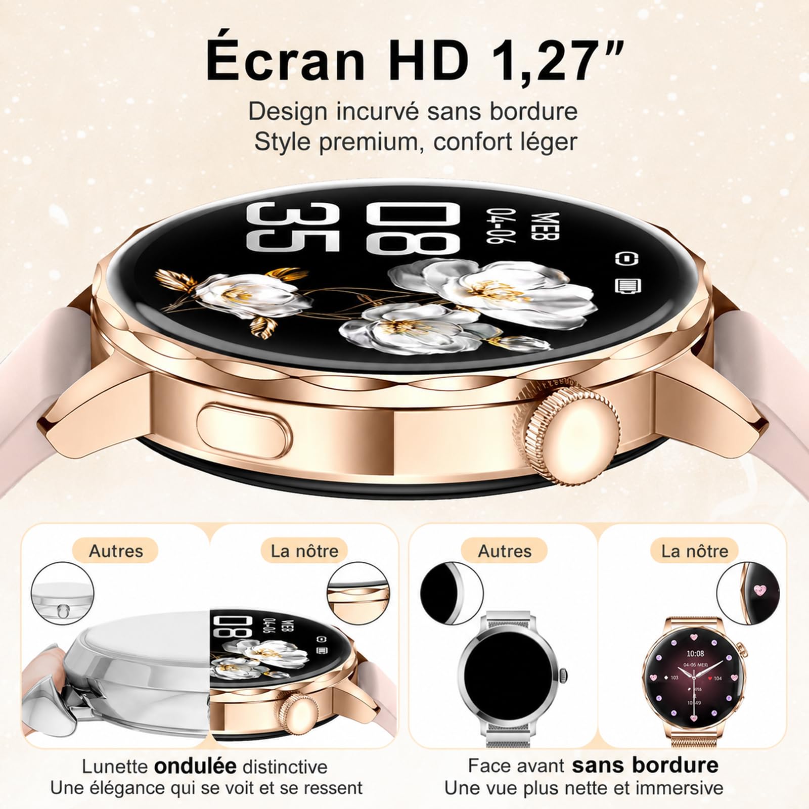 Efolen Montre Connectée Femme avec Appel Bluetooth, 1.27" Smartwatch Femme Ronde avec 2 Bracelets, Fréquence Cardiaque SpO2 Sommeil, 100+ Modes Sportifs, Podomètre IP68 pour Android iOS