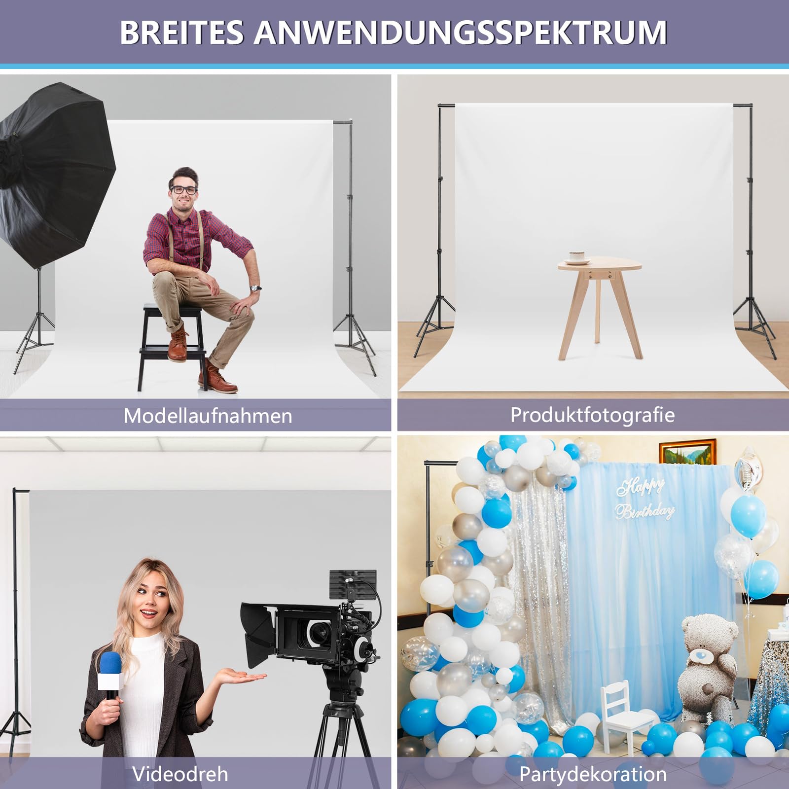 Support de Fond Photo 2 x 2 m réglable Kit Studio Photo Portable avec Toile de Fond, 4 Pinces et Sac de Transport Fond Blanc, Fond Noir, Fond Vert pour Studio, photobooth, Portrait, vidéo