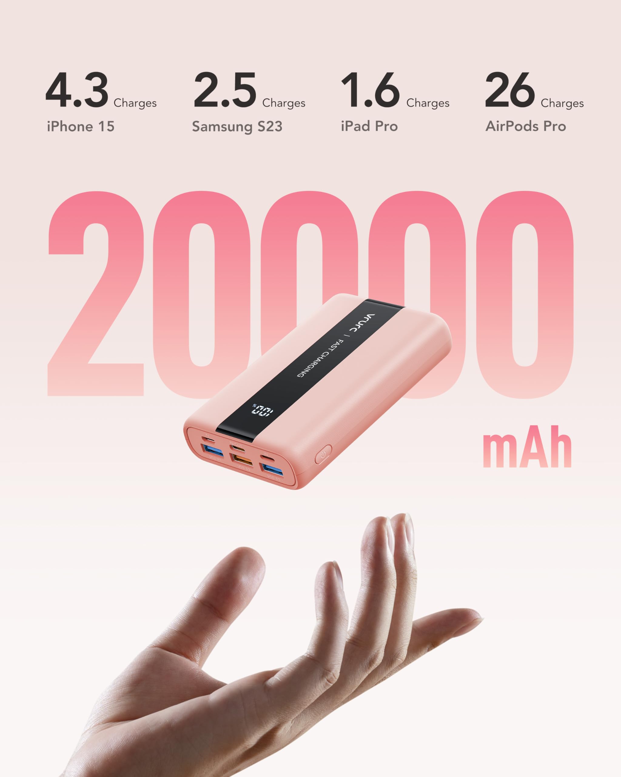 VRURC Power Bank 20000mAh, Piccola USB C PowerBank Ricarica rapida Mini batteria esterna da 22,5W potente Batteria PD/QC3.0 Caricabatterie portatile Compatibile con iPhone Tablet Huawei - Rosa