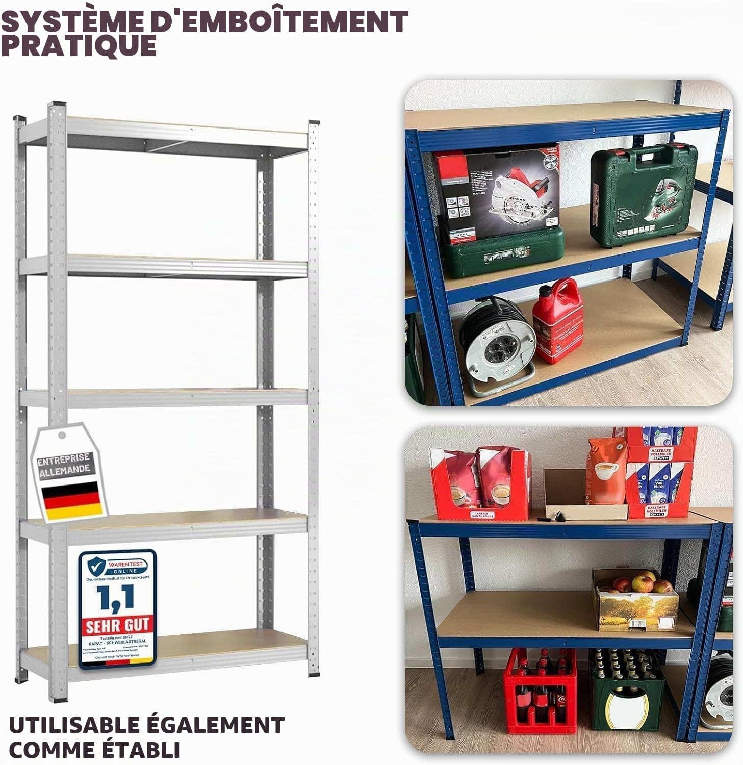 KARAT Étagère pour Charges Lourdes - Enfichable, de Sous-Sol, Établi - Charge Maximale : 1250 kg - Montage Rapide et Stable (Galvanisé, 200 x 90 x 45 cm)