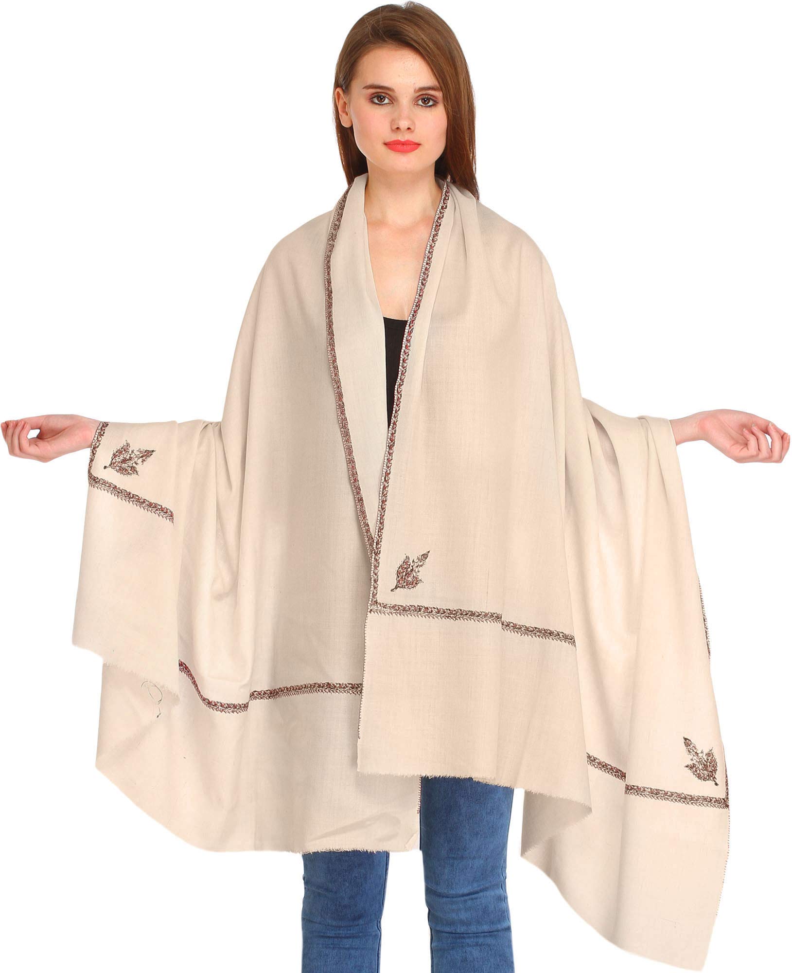 exotic india Women's Plain Kashmiri Kingri with Sozni Hand-Embroidery on Border Pure Wool Shawl (SWJ26--oyster-gray)-picture-29