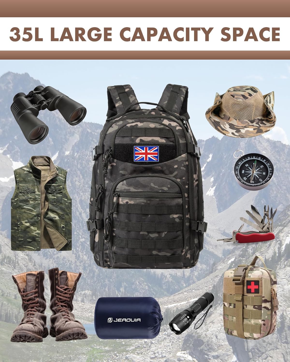 TRAILKICKER Taktischer Laptop-Rucksack, 35 l, Militär, Molle-Armee, Assault Pack, 3 Tage Bug-Out-Tasche, Wandern, Treeking, Camouflage, Jagd-Rucksack für Herren, mit Flagge des Vereinigten Königreichs