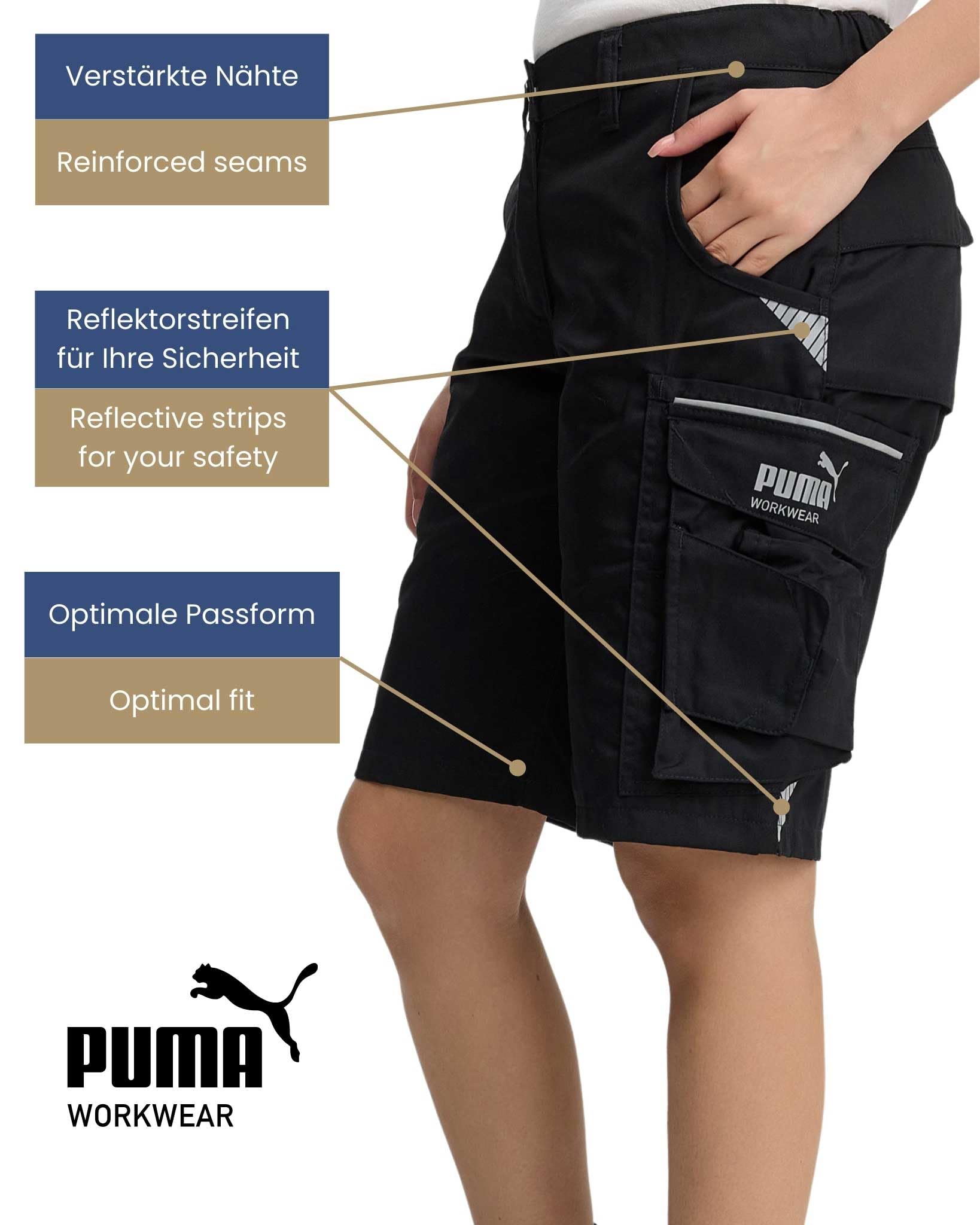 PUMA Workwear Precision X szorty robocze – krótkie spodnie robocze damskie – wytrzymały, elastyczny materiał – wiele kieszeni i elementów odblaskowych – wygodne dopasowanie – idealne do rzemiosła