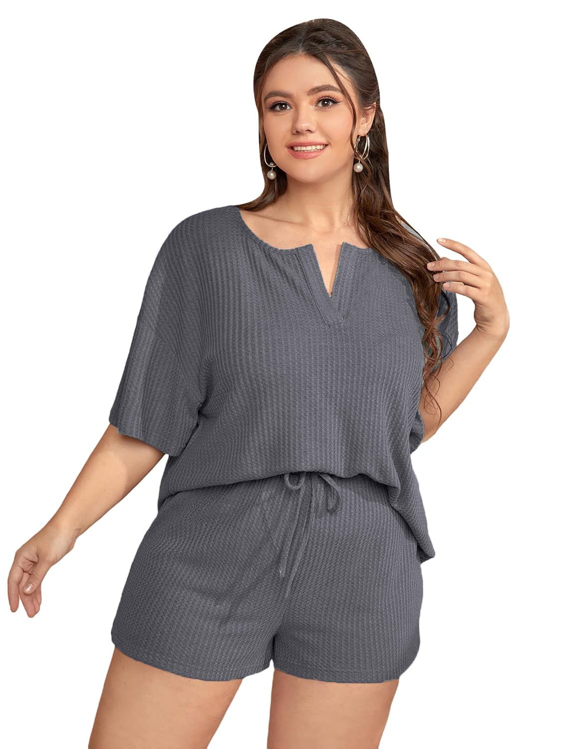 herryqeal Women's Plus Size Waffle Knit Short Sleeve Top and Shorts Pajama Set Sleepwear, Green-picture-0