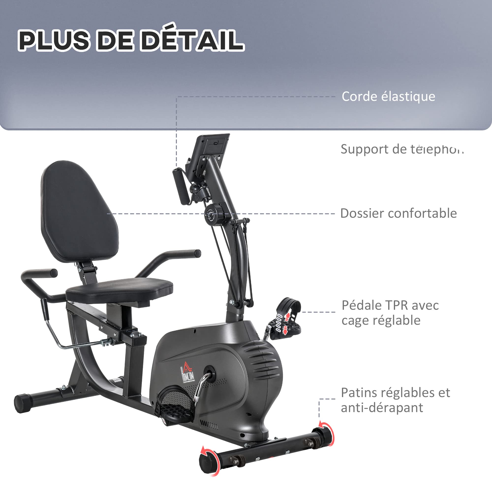 HOMCOM Vélo d'Appartement Semi-Allongé Magnétique Silencieux pour Rééducation Seniors, Noir