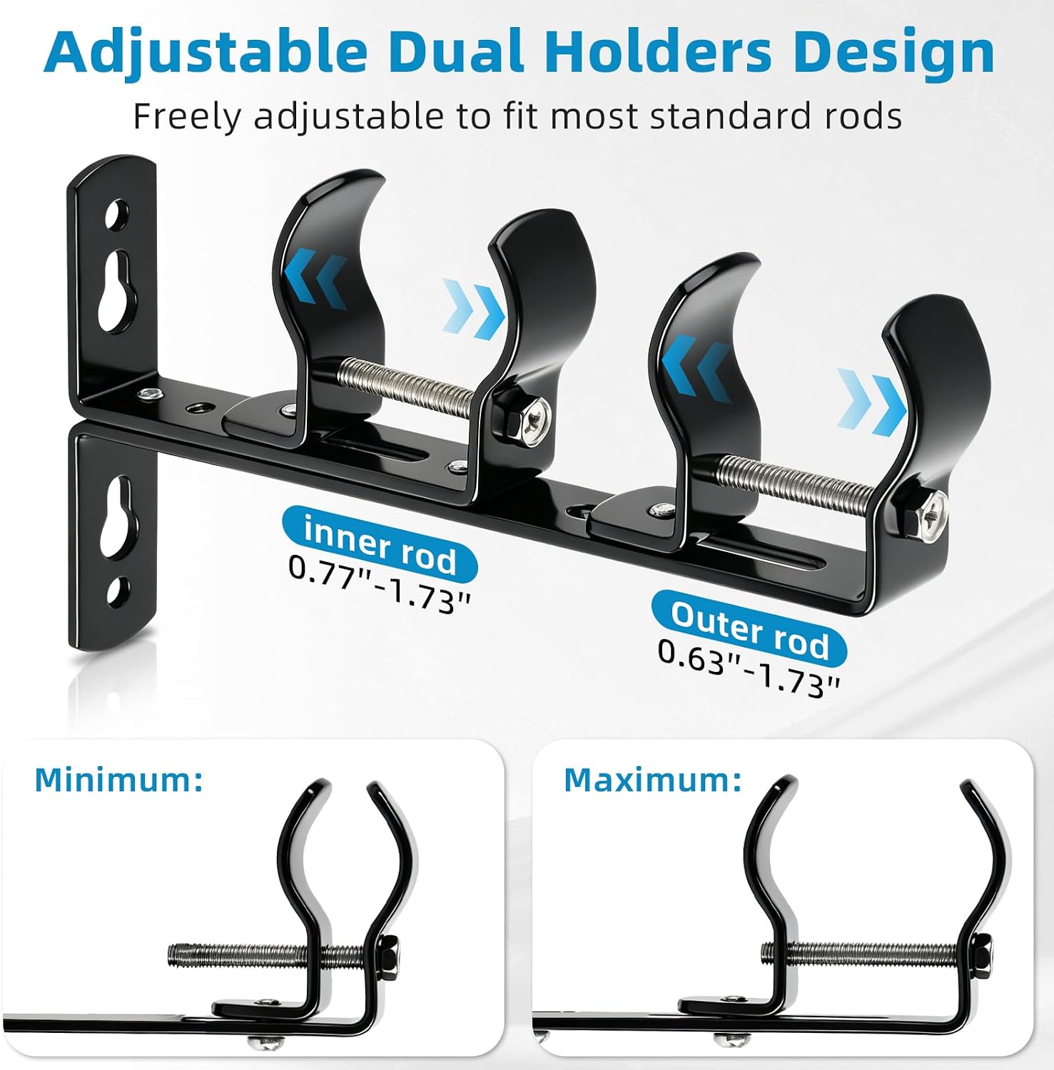 Curtain Rod Bracket, 2 Pack Curtain Rod Holders Heavy Duty Rod Hooks Hangers for Wall, Adjustable Double Curtain Rod Brackets for 5/8’’ to 1-1/2’’ Dia Rods, Black