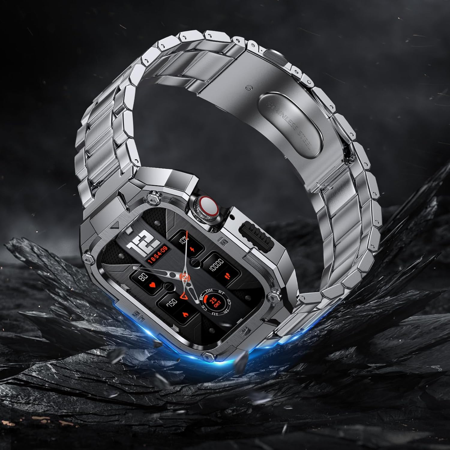 Stainless Steel Band with Case Compatible with Apple Watch Series 10 46mm Band, Rugged Metal Strap with Protective Bumper Cover for iWatch Series 10 46mm Men Watch Strap Replacement Band - Image 5