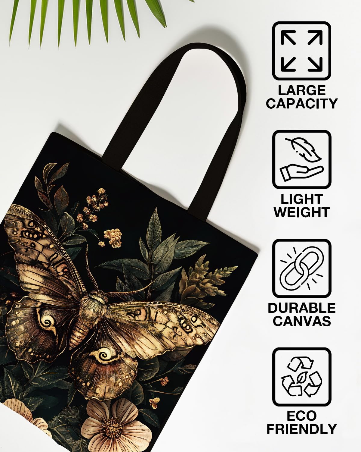 Witchy Floral Moth Print Canvas Tote Bag for Women Moth Dark Goth Reusable Grocery Shoulder Bag for Shopping Work Travel Beach Aesthetic Totes - Image 3