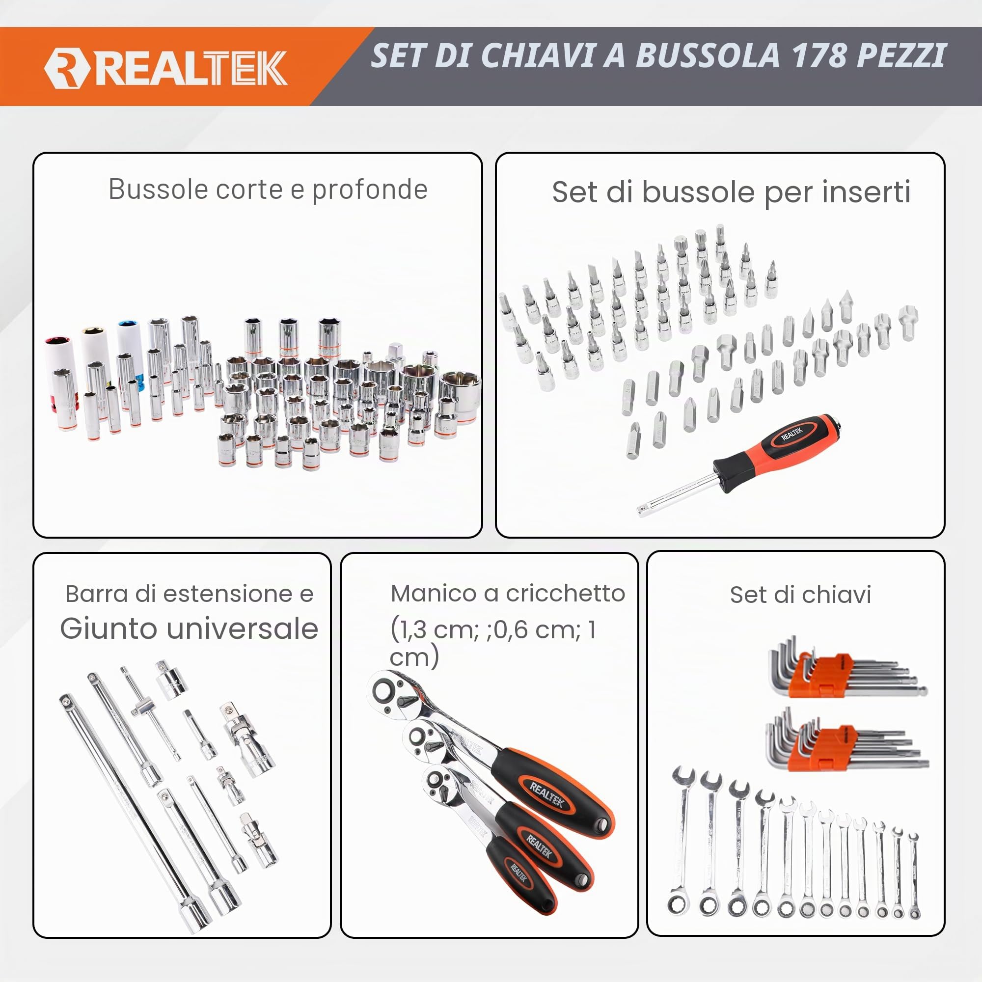 REALTEK Set Chiavi a Bussola, Chiavi a Cricchetto 1/4''+3/8"+1/2'' 178 Pezzi, 72 denti, Cr-V, Adatto per Lavori su Biciclette e Automobili le riparazioni