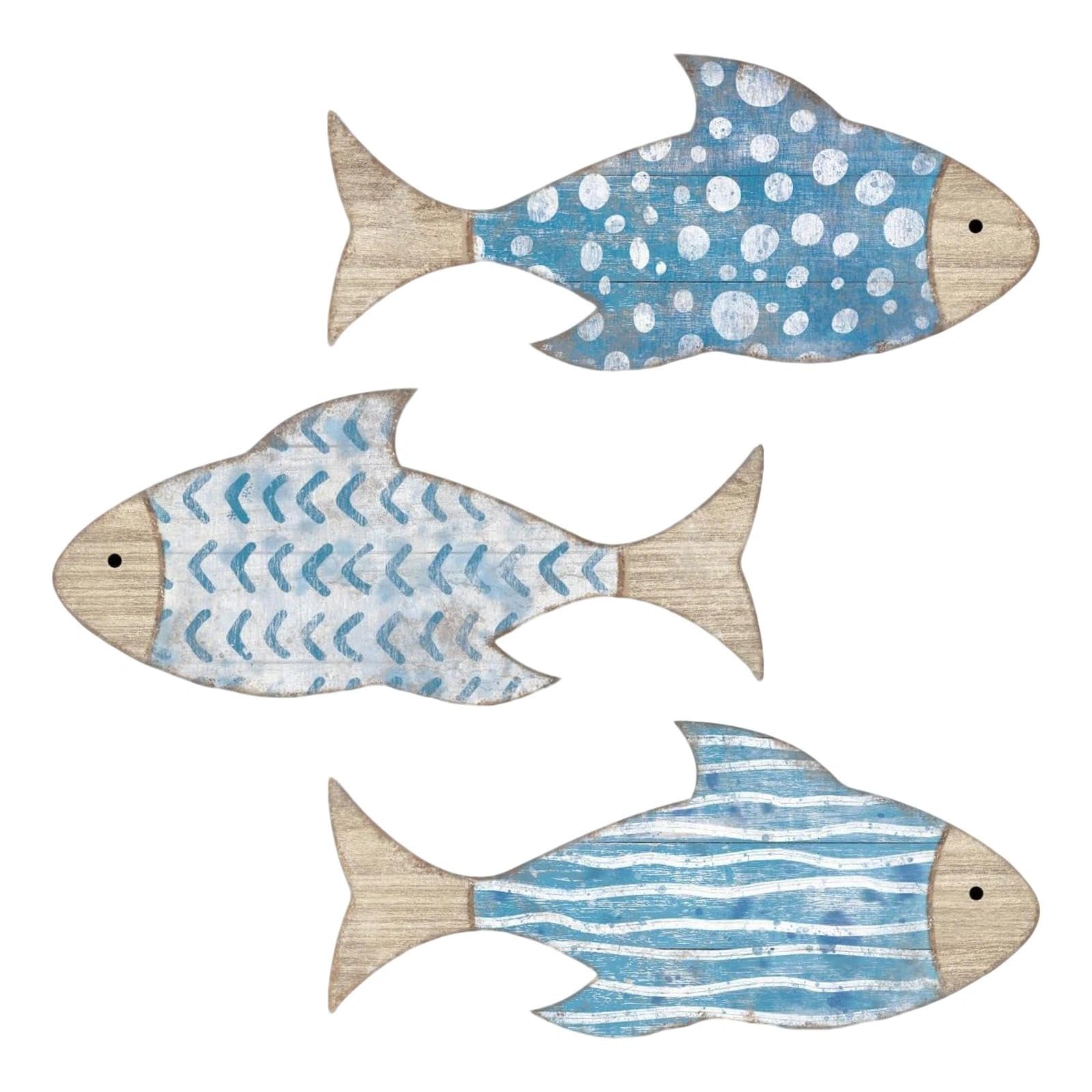 Solvind Coastal Wooden Fish Decor Set 3 Pcs, Nautical Beach Theme Wall Art, Gradient Blue Ocean Fish Sculpture for Living Room Bathroom – Lake House Style