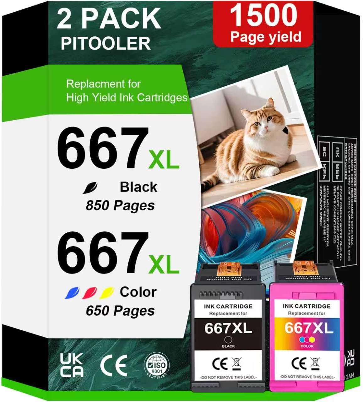 667XL Ink Cartridges Combo Pack Replacement for HP 667 667 XL Ink Cartridges Work for HP DeskJet 1275 2374 2375 2376 6075 6475 6476 Printers (1 Black, 1 Color)
