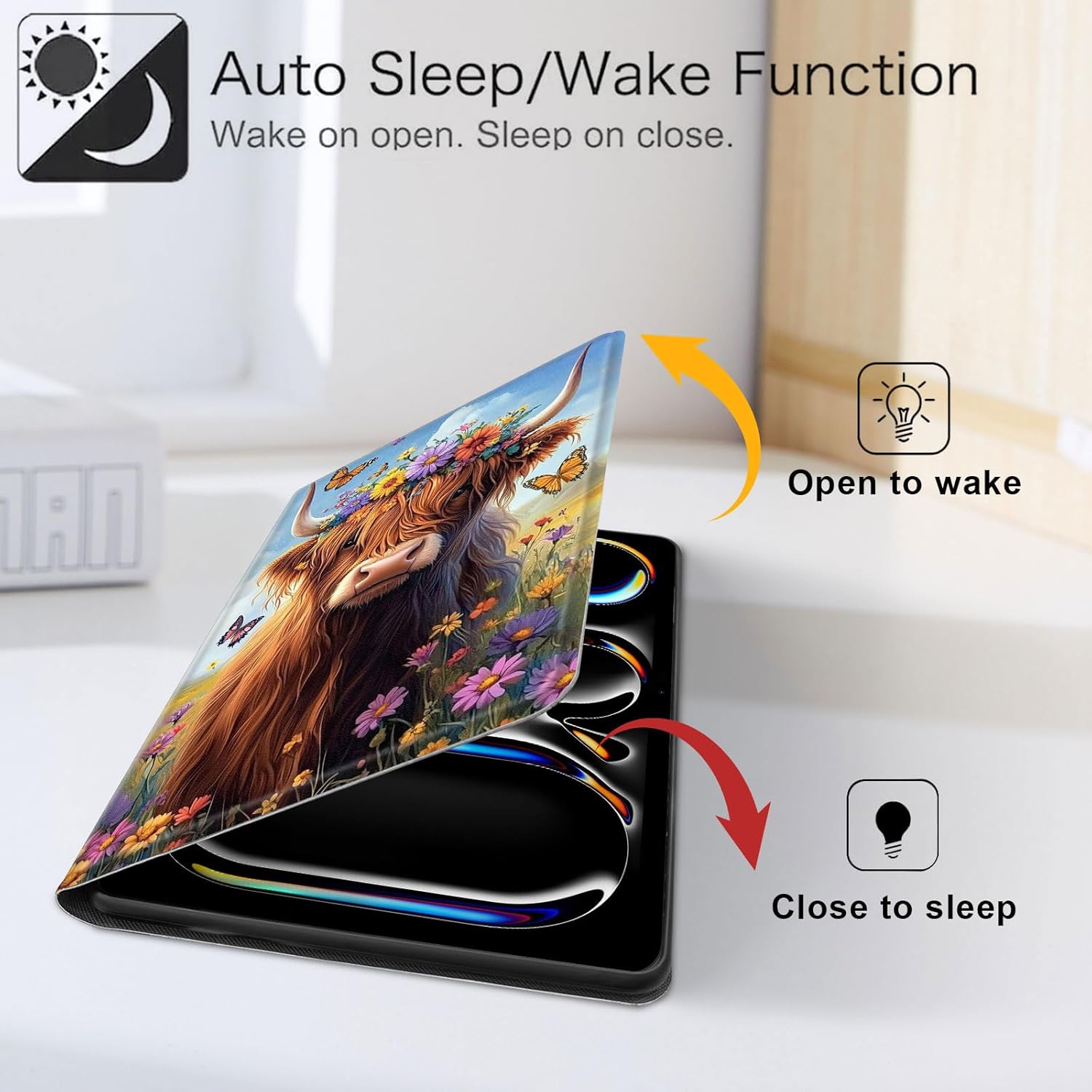 Case for iPad Pro 11 Inch (M5 2025 / M2 2022) iPad Air 4 & 5 10.9 Inch (2020/2022), 360° Rotating PU Leather Stand Cover with Auto Sleep/Wake, Shockproof TPU Backl, Cute Highland Cow