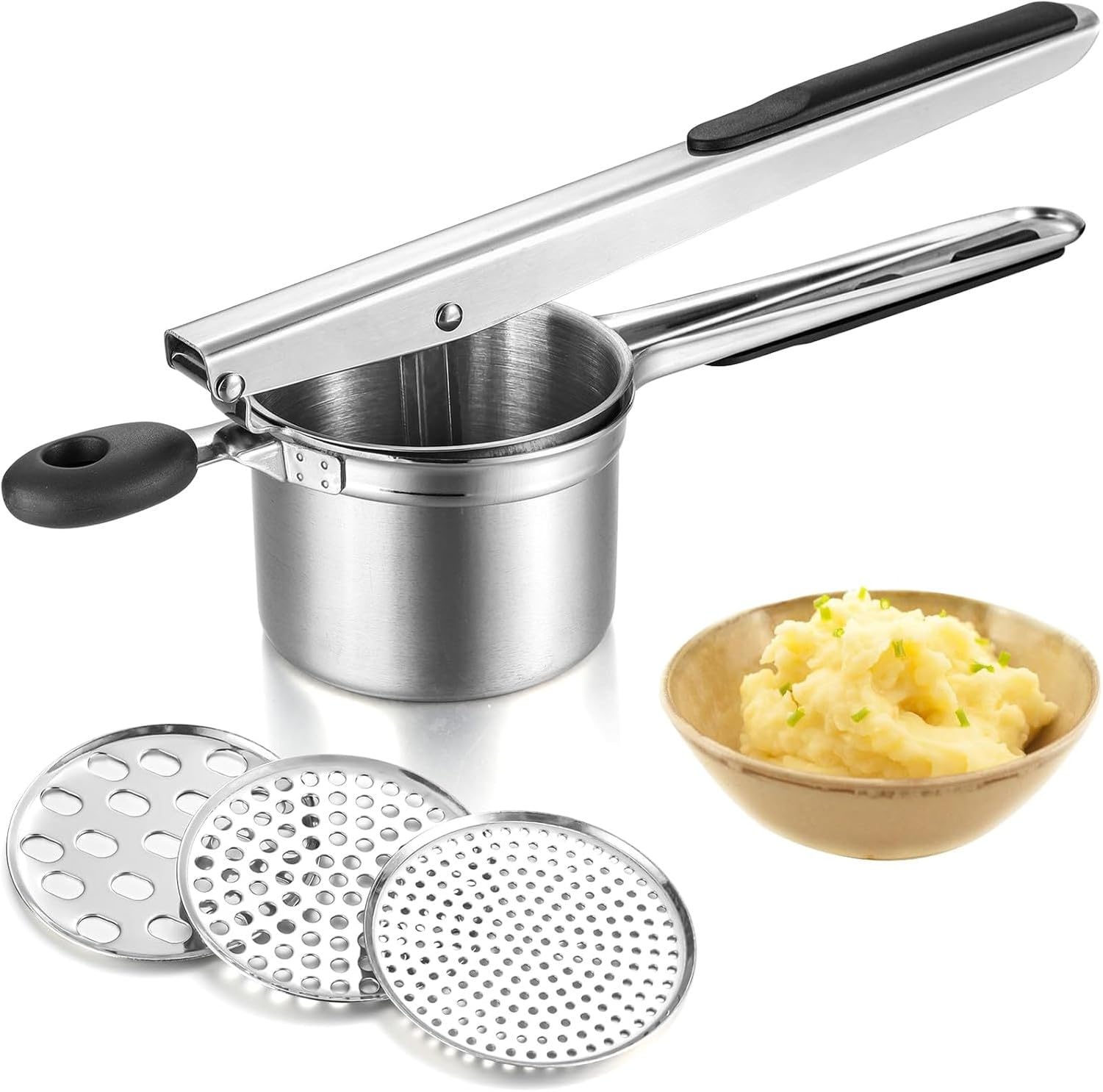 LGBBTI Stainless Steel Potato Ricer Masher with 3 Interchangeable Discs, Large Potato Press and Kitchen Tool for Making Mashed Potatoes, Spaetzle Pasta Maker Dough Pre
