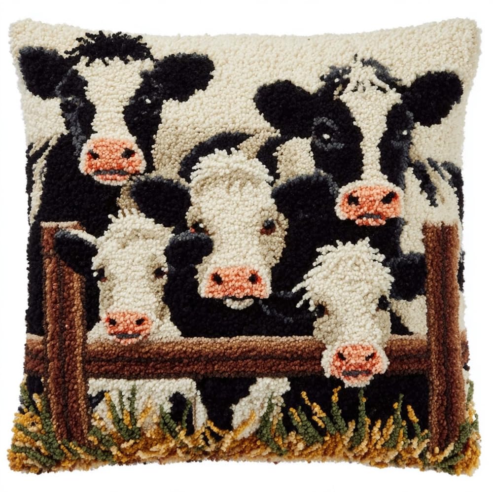 kitphoenix Latch Hook Cushion Kits for Adults Cows in A Pen