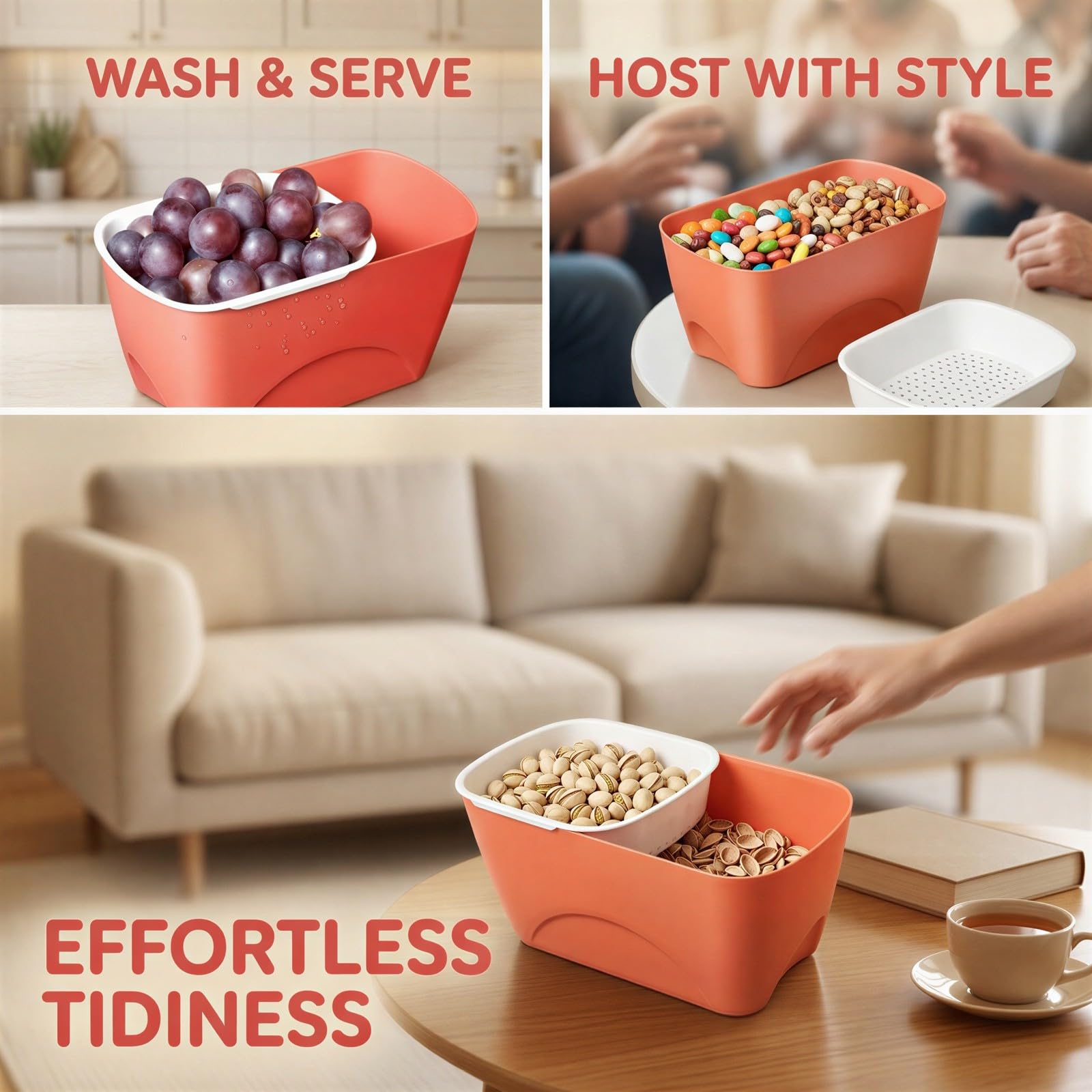 Lot de 2 boîtes de rangement pour snacks à double couche, coque en plastique rouge, bol de drainage, pour noix, pistaches et fruits, format compact pour la maison et les fêtes, facile à placer