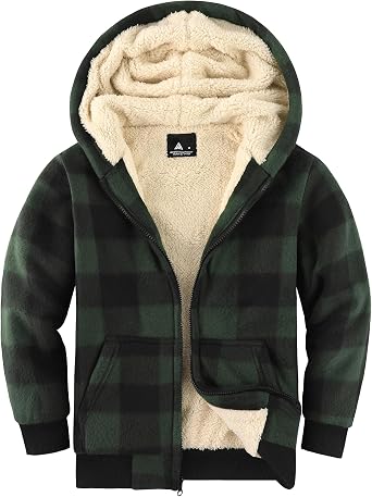 Boys Flannel Jacket Hooded Fleece Lined Zip-up Hoodies Plaid Coat for Kids