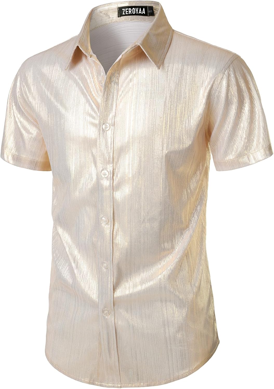 ZEROYAA Men 70s Shiny Short Sleeve Button Down Shirt Fashion Sparkle Disco Dress Shirts - Image 2