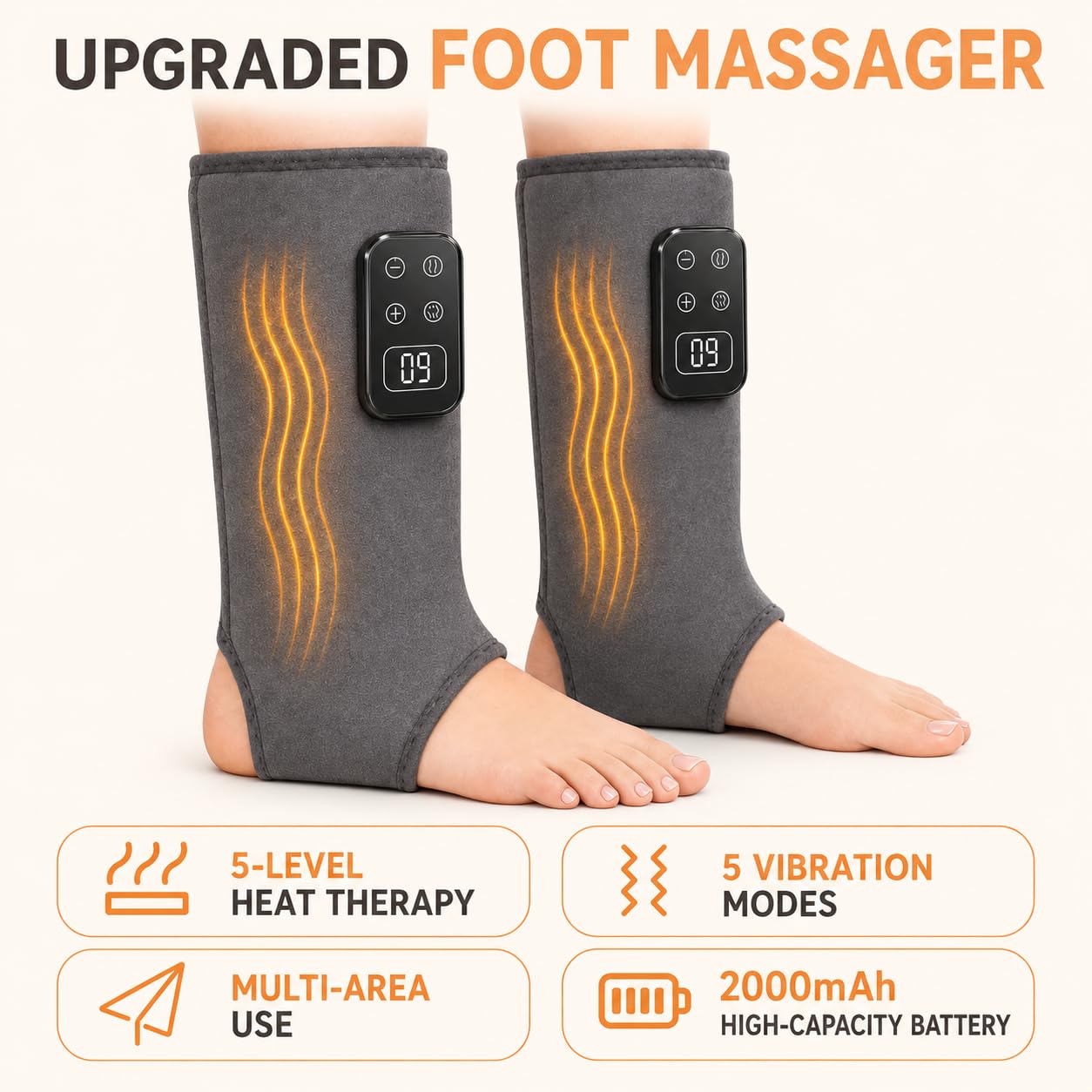 2er-Pack Fussmassagegerät Elektrisch Kabellos mit Akku 6 Heizstufen Grau