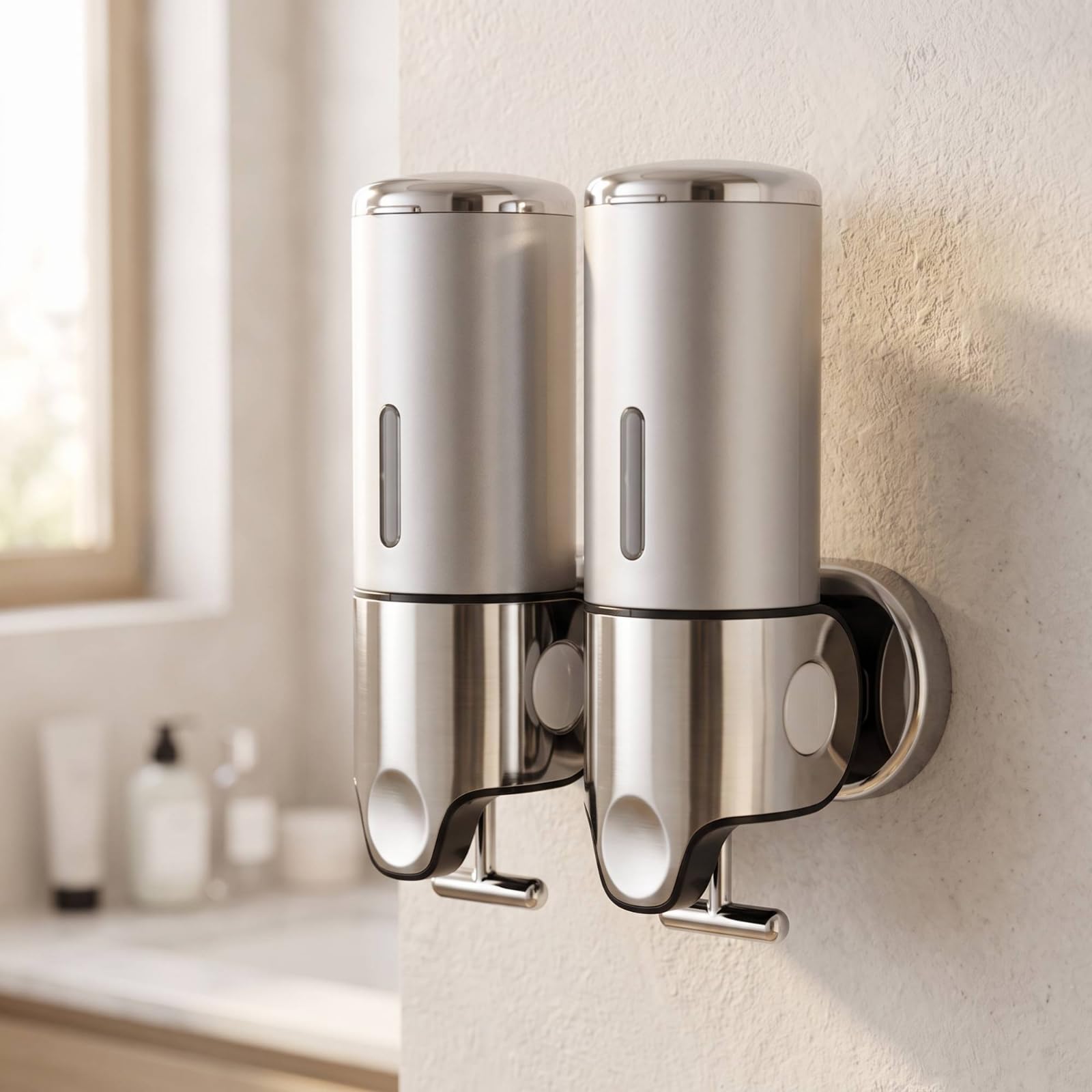Dispenser di Sapone a Muro, Stile Moderno Minimalista, Acciaio Inossidabile, Doppio Dispenser