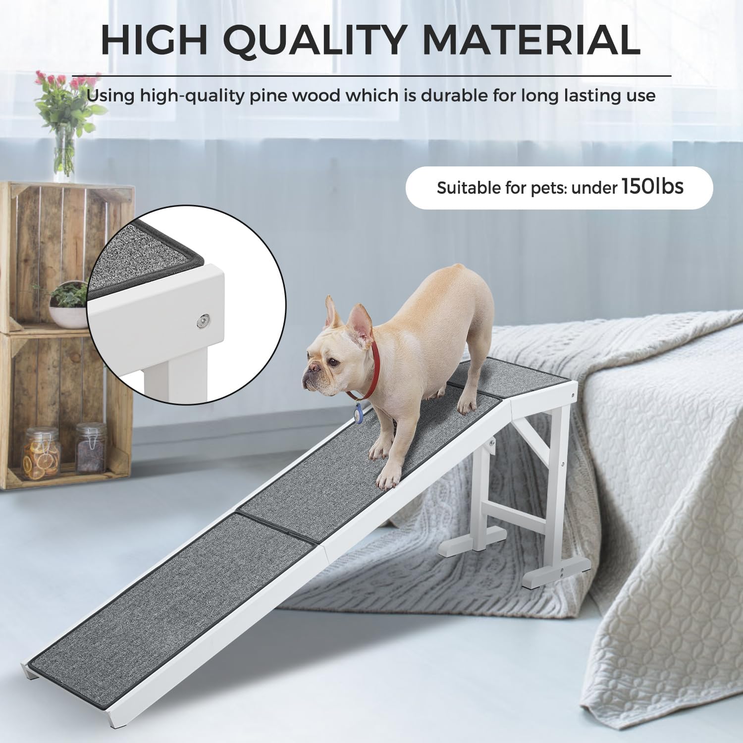 MEWANG 74" Dog Ramp for Bed & Couch – Non-Slip Carpet Top Platform for Small to Medium Dogs, Supports Sofa & High Furniture, Easy Assembly, White (74”Lx16”Wx25”H)