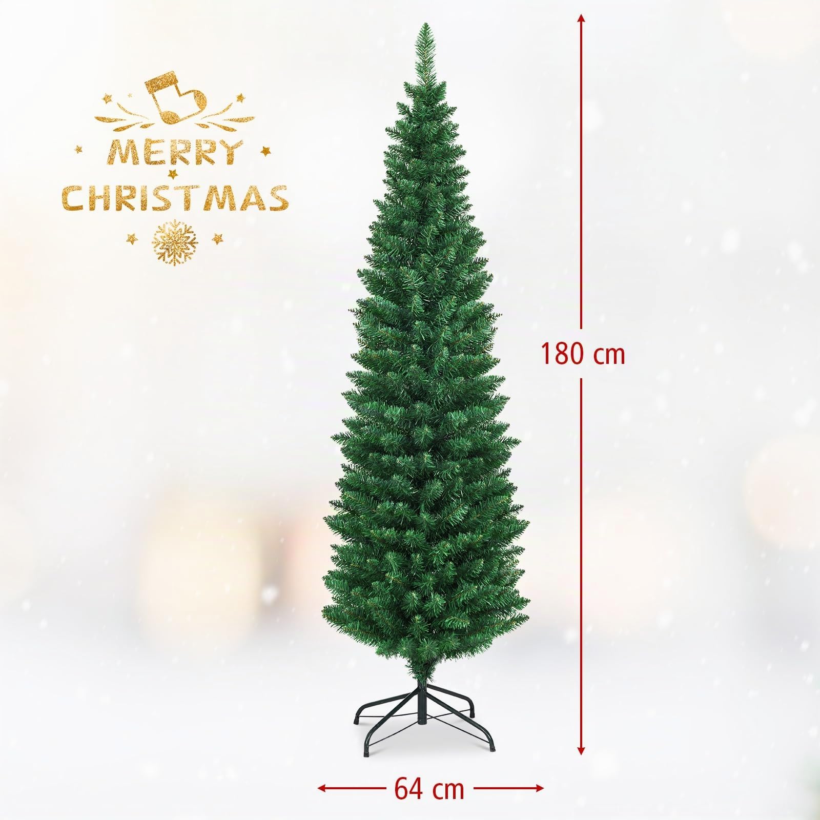 GYMAX Sapin de Noël 180cm Slim Artificiel, 400 Branches en PVC, Support Métallique Pliable, Sapin Mince Gain de Place pour Maison, Magasin, Bureau