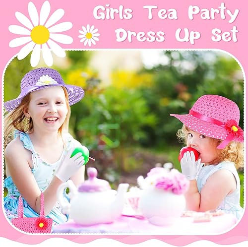 Miniatura 4 de Juego de 10 piezas de fiesta de té para niñas, incluye sombreros de fiesta de té, gorros, guantes de abanico, monedero rosa, boas de plumas, juegos