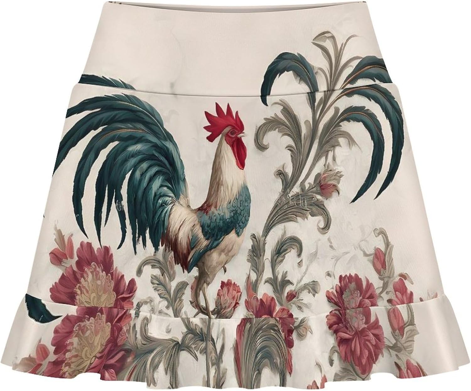 Vintage Rooster Damask Flower Mini Skirts for Women Ruffles Athletic Tennis Skirt with Shorts Pocket