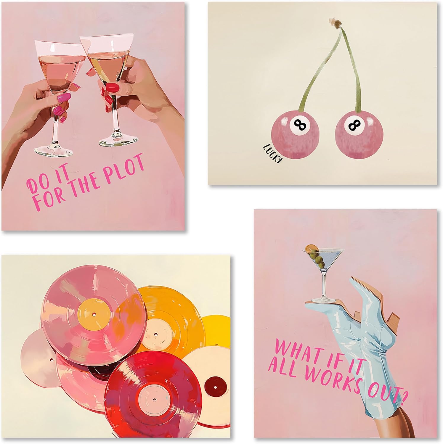 JUIOEIU Trendy Retro Pink Bar Wall Art Prints Set of 4, Preppy Vintage Vinyl Record Lucky 8 Ball Cocktail Aesthetic Wall Art Posters for Girls Dorm Bedroom Apartment Bar Decor, 8x10 Unframed