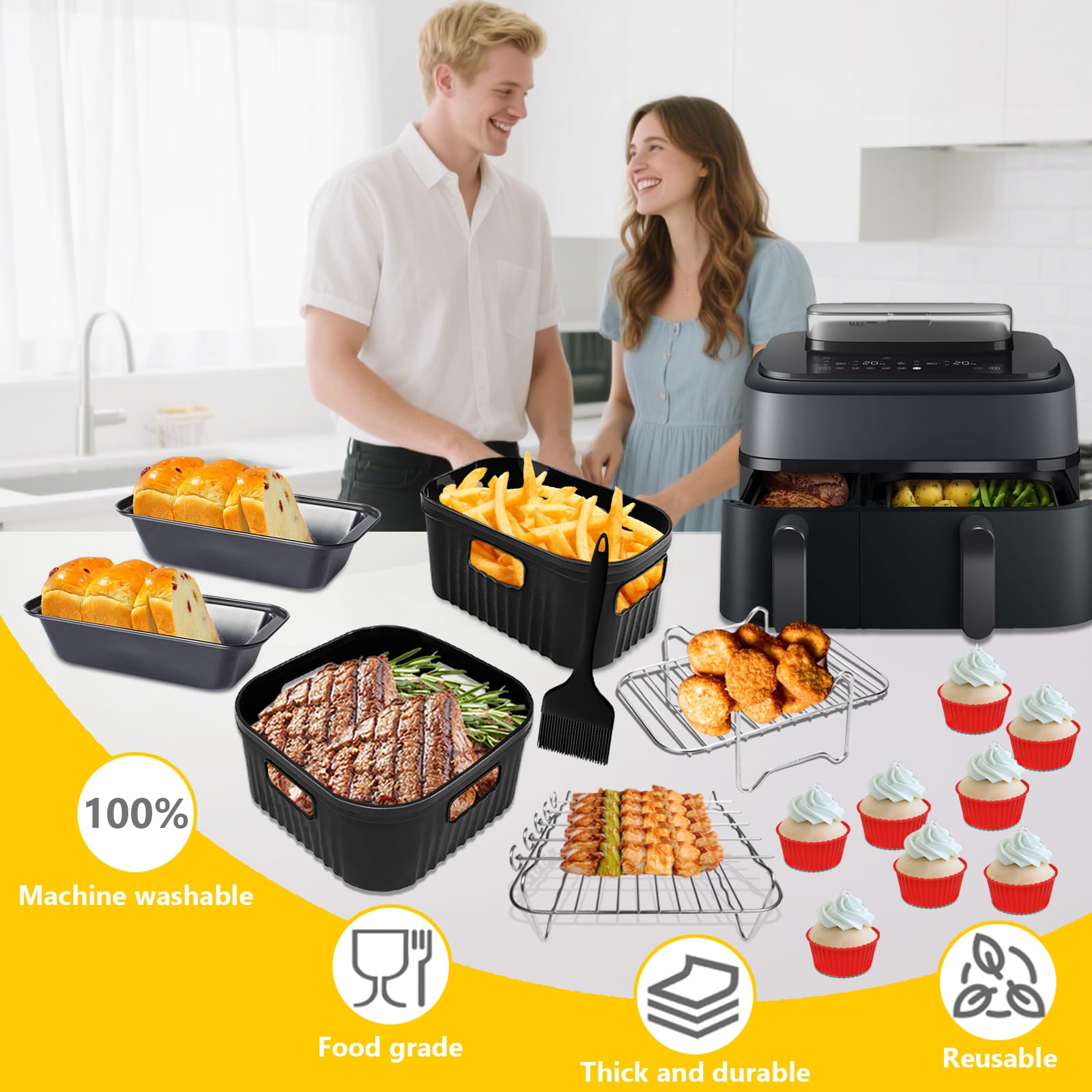 YINGRACE Airfryer akcesoria do Philips Airfryer Dual Basket 3000 Series NA350, 5000 Series NA550, 8 szt. z silikonową formą, ruszt do grillowania, blachy do tostów, forma do muffinek zamiast papieru