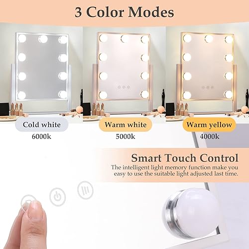 Miniatura 4 de WABAFL Espejo de tocador con luces, espejo de maquillaje Hollywood con 9 bombillas LED regulables, aumento desmontable de 10X, rotación de 360
