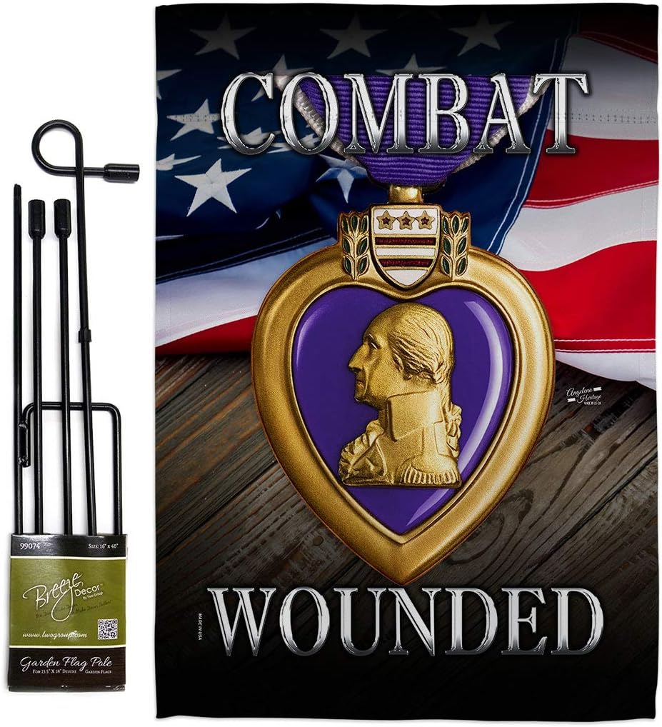 Purple Heart Combat Wounded Garden Flag Set with Stand Armed Forces Military Service All Branches Support Honor United State American Veteran Official Gift Yard House Double-Sided 13 X 18.5
