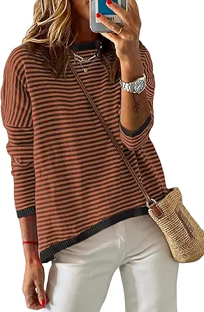 NARURAL Womens Lightweight Cotton Sweaters Long Sleeve Crew Neck Color Block Striped Knitted Pullover Tops