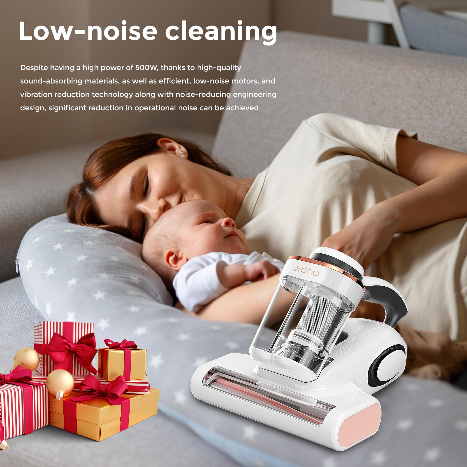 JIGOO J300 Milbensauger mit Staubmilben-Sensor, UV-Licht, 500W, LED-Anzeige, für Allergiker, entfernt 99,9% Allergene, Matratzen Betten Sofas